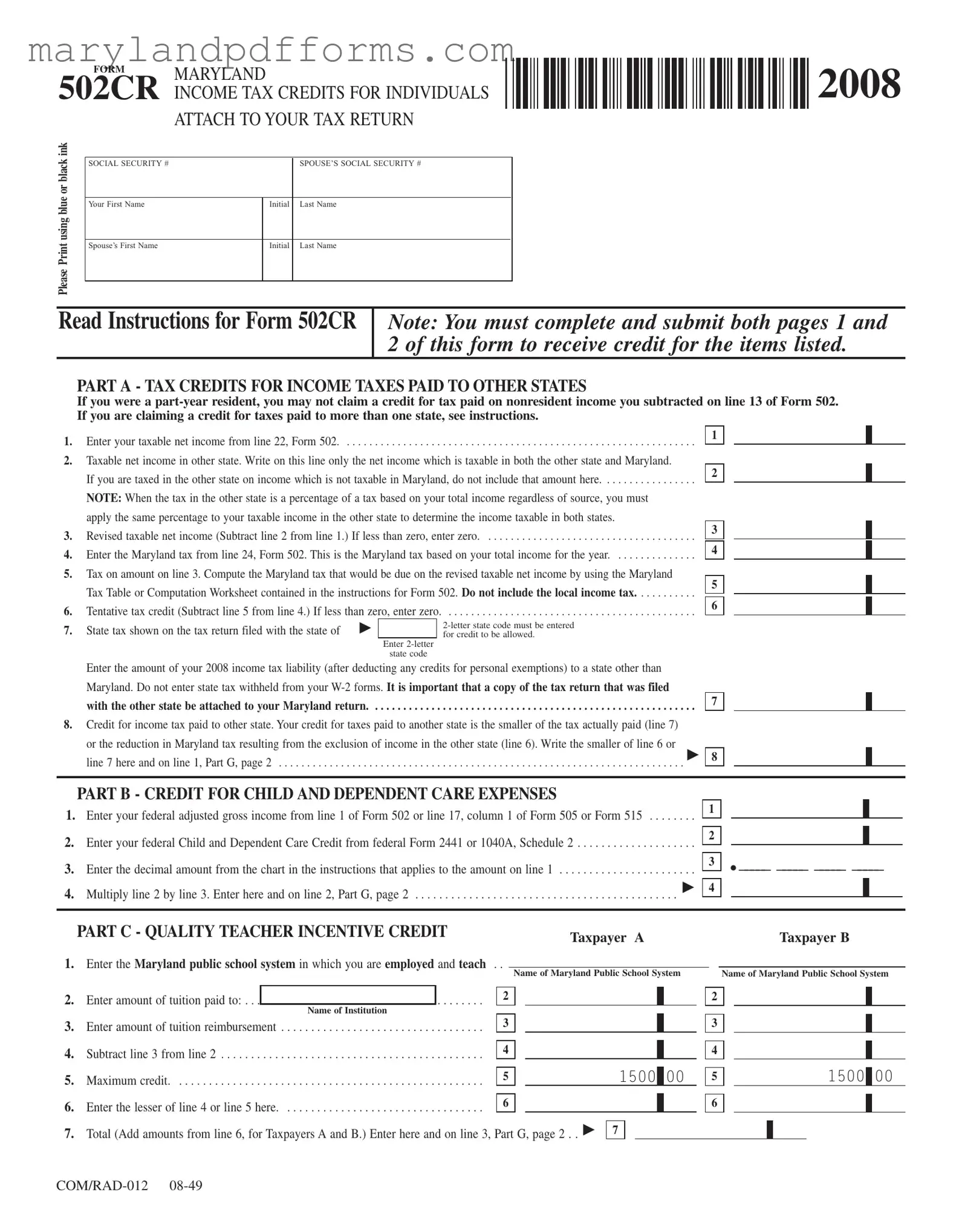 Blank Maryland 502Cr Template