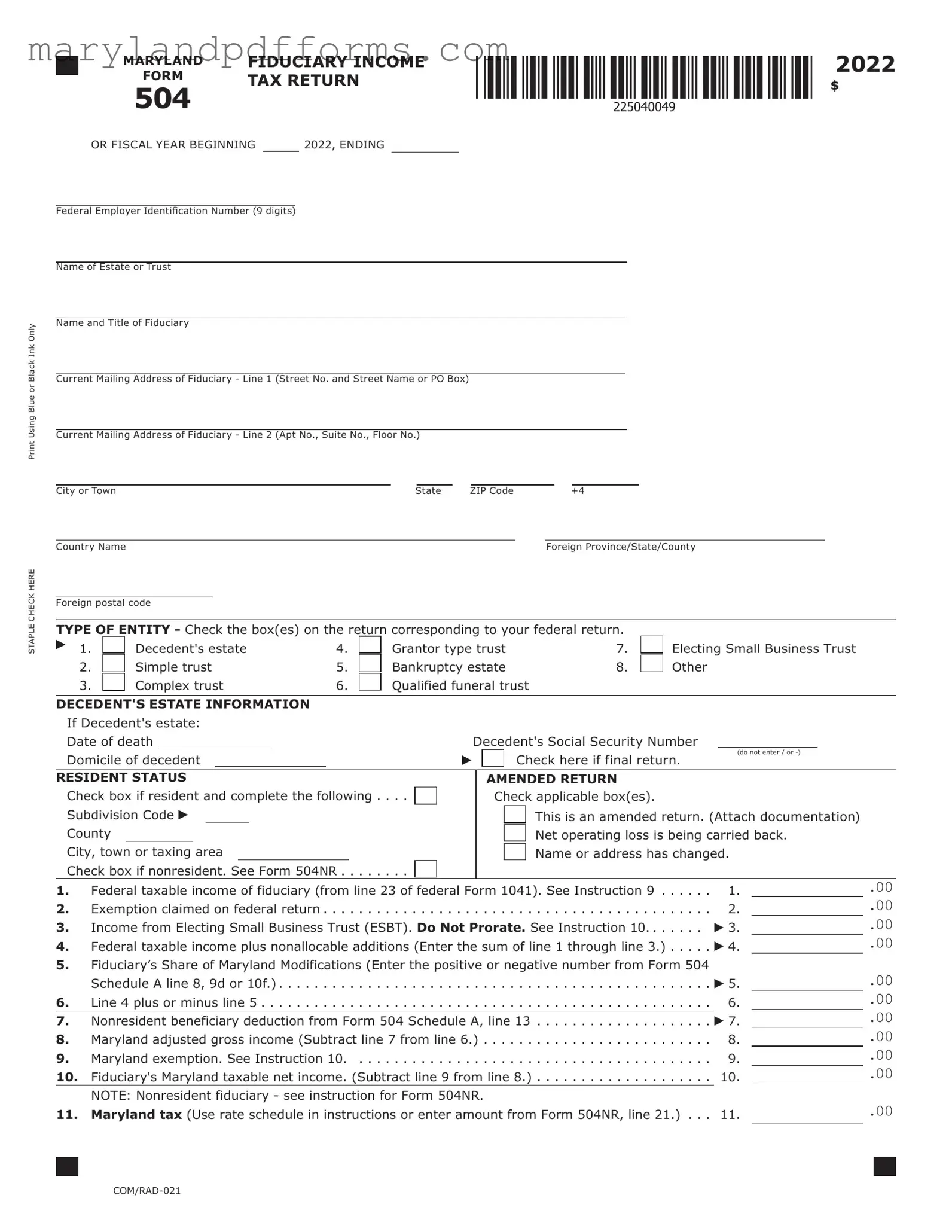 Blank Maryland 504 Template