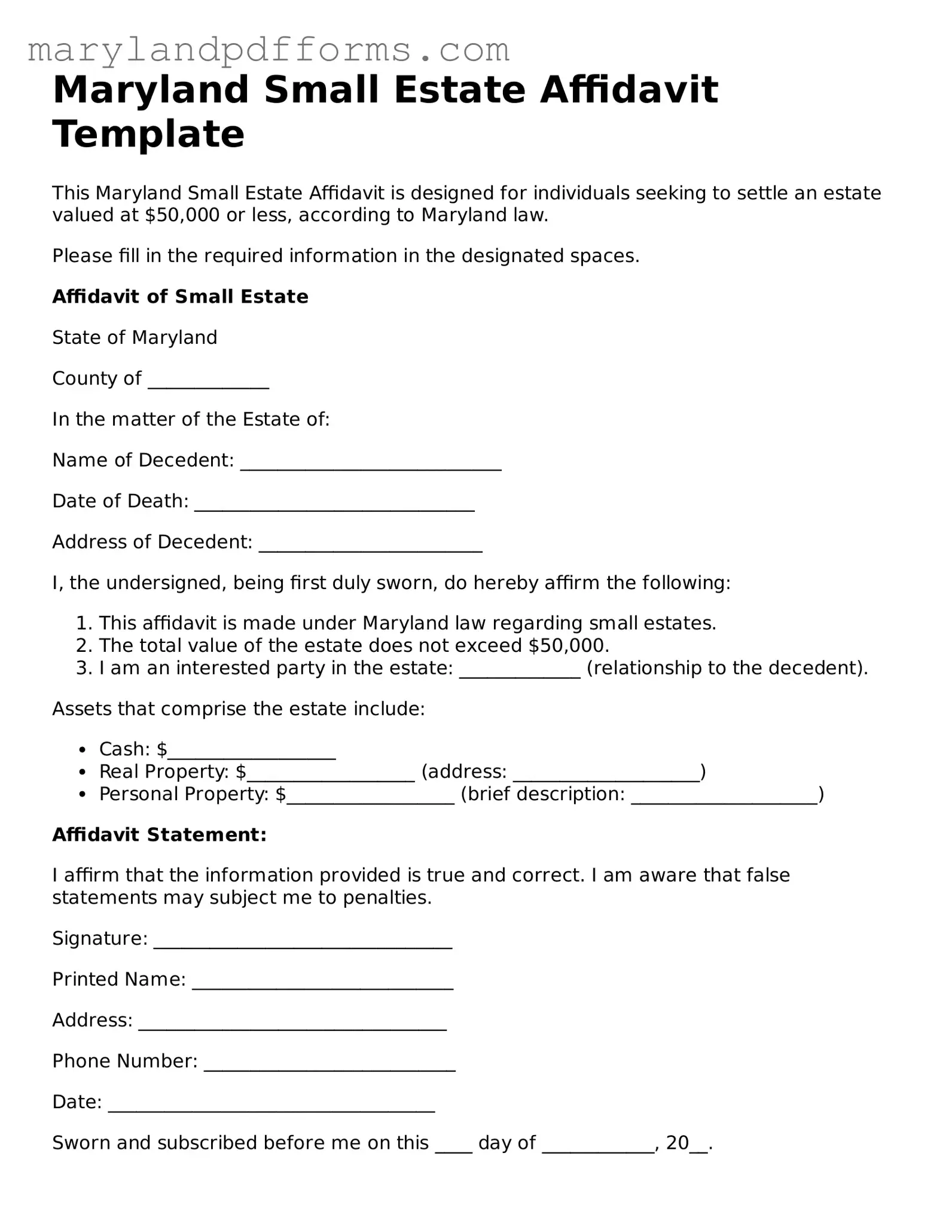 Free Small Estate Affidavit Document for the State of Maryland