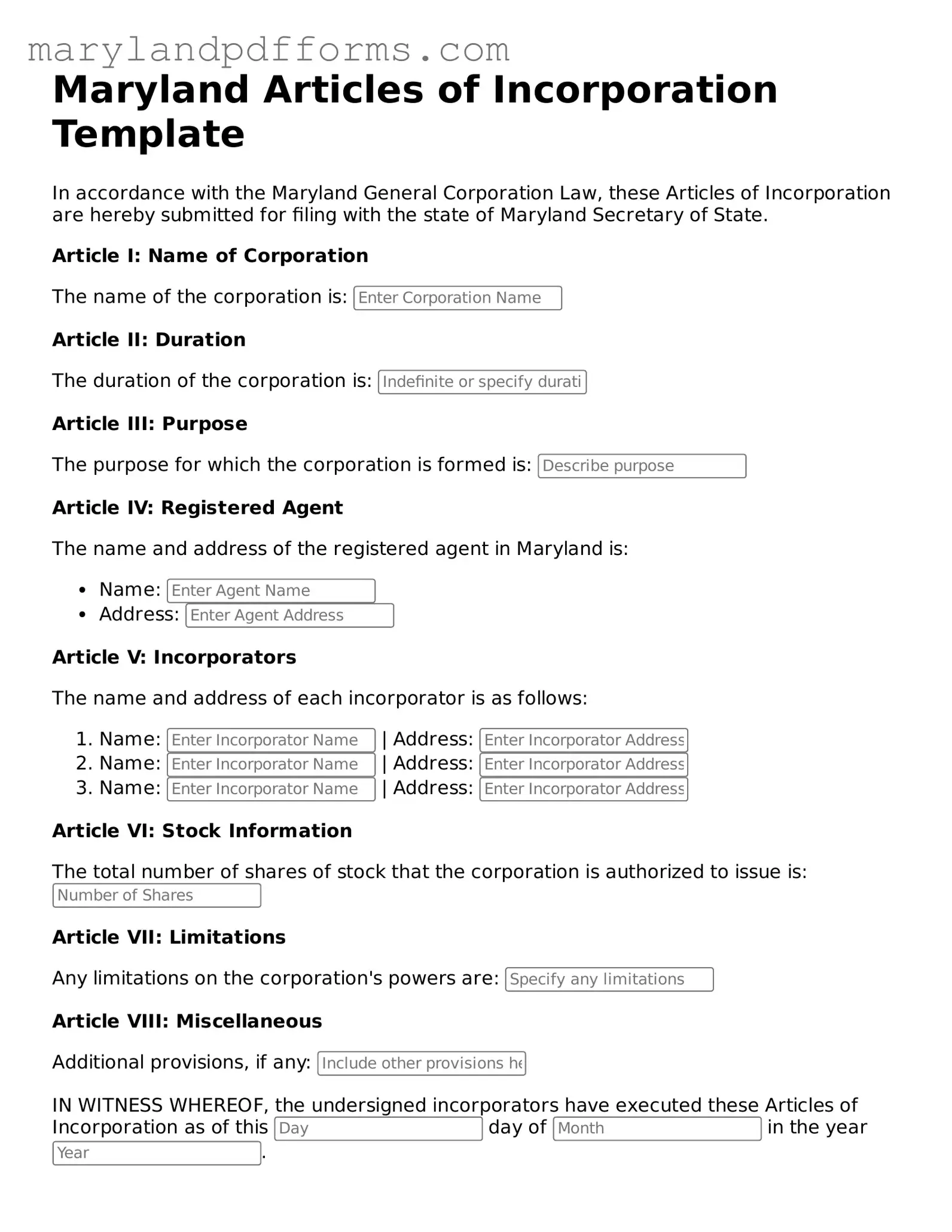 Free Articles of Incorporation Document for the State of Maryland