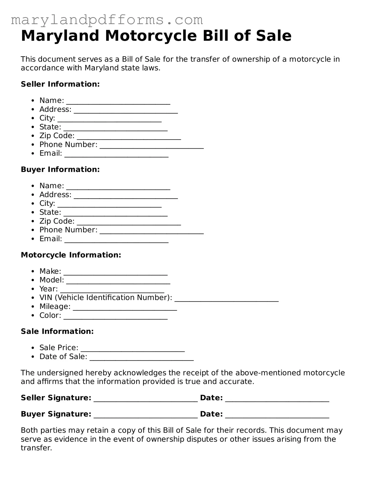 Free Motorcycle Bill of Sale Document for the State of Maryland