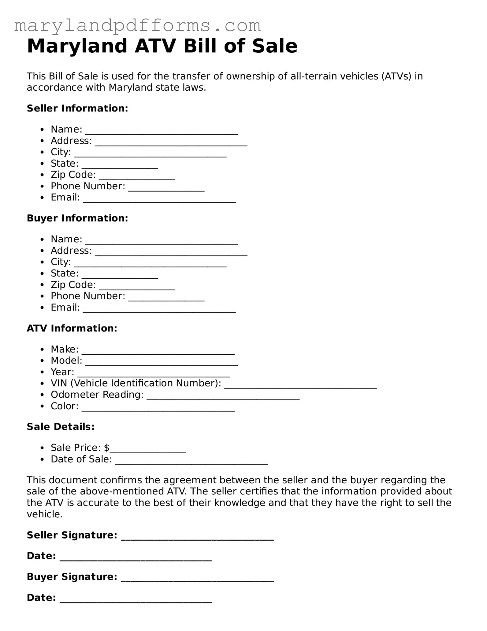 Free ATV Bill of Sale Document for the State of Maryland