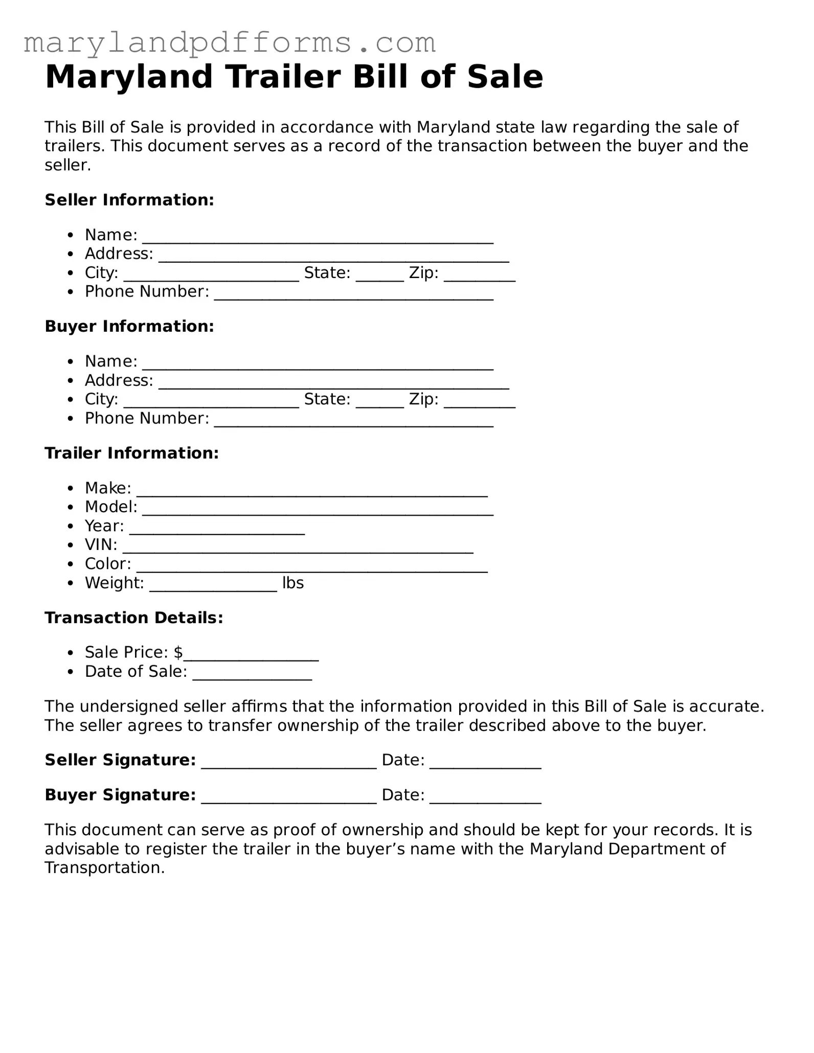 Free Trailer Bill of Sale Document for the State of Maryland