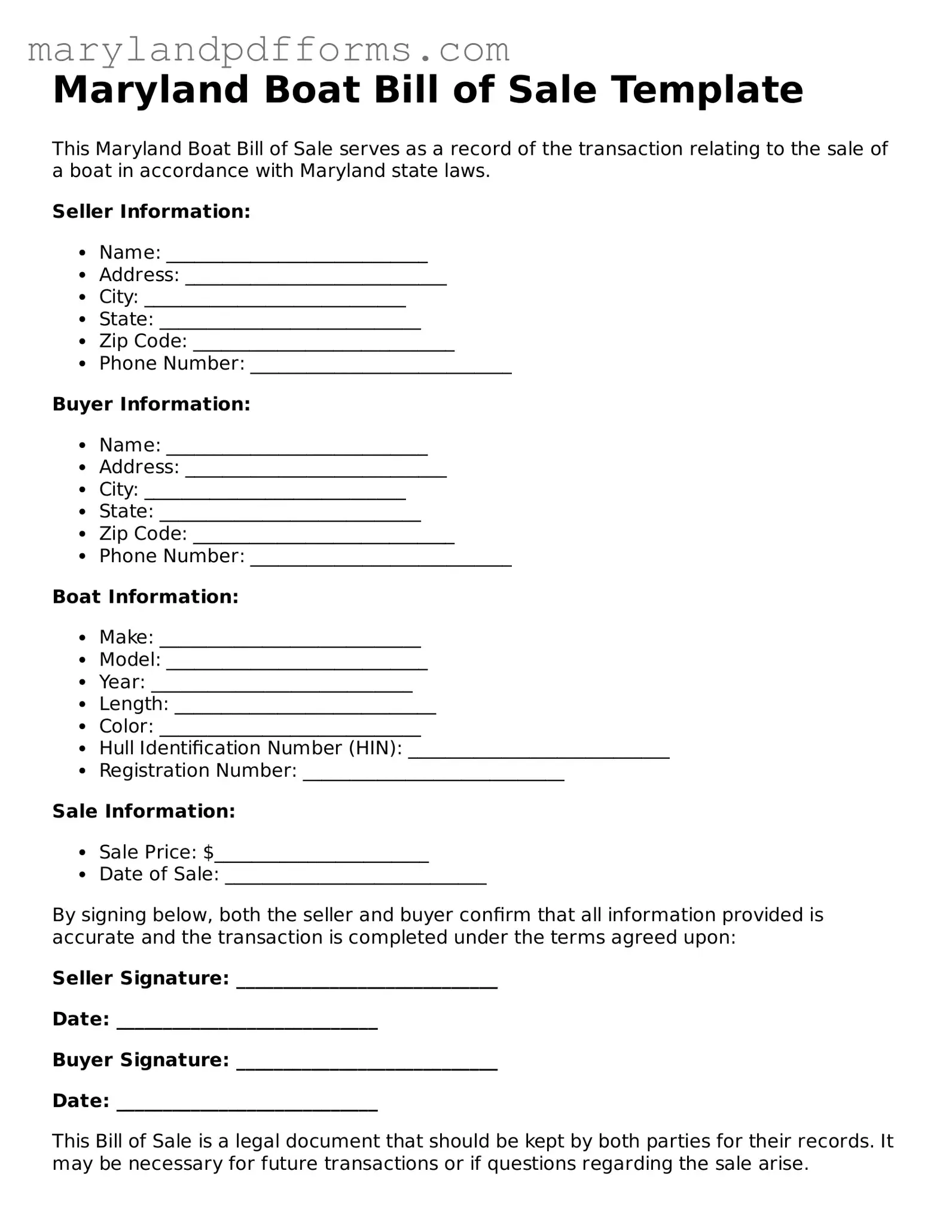 Free Boat Bill of Sale Document for the State of Maryland