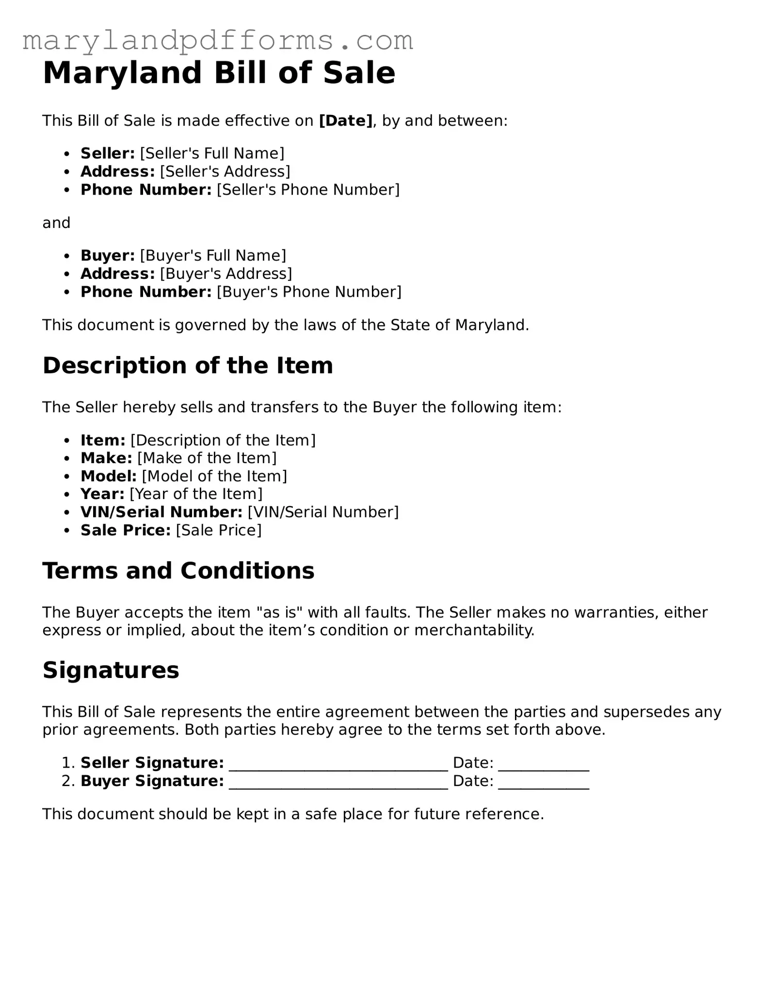 Free Bill of Sale Document for the State of Maryland