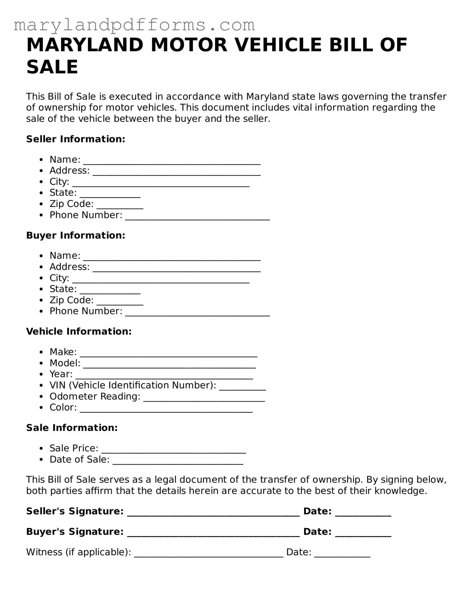 Free Motor Vehicle Bill of Sale Document for the State of Maryland