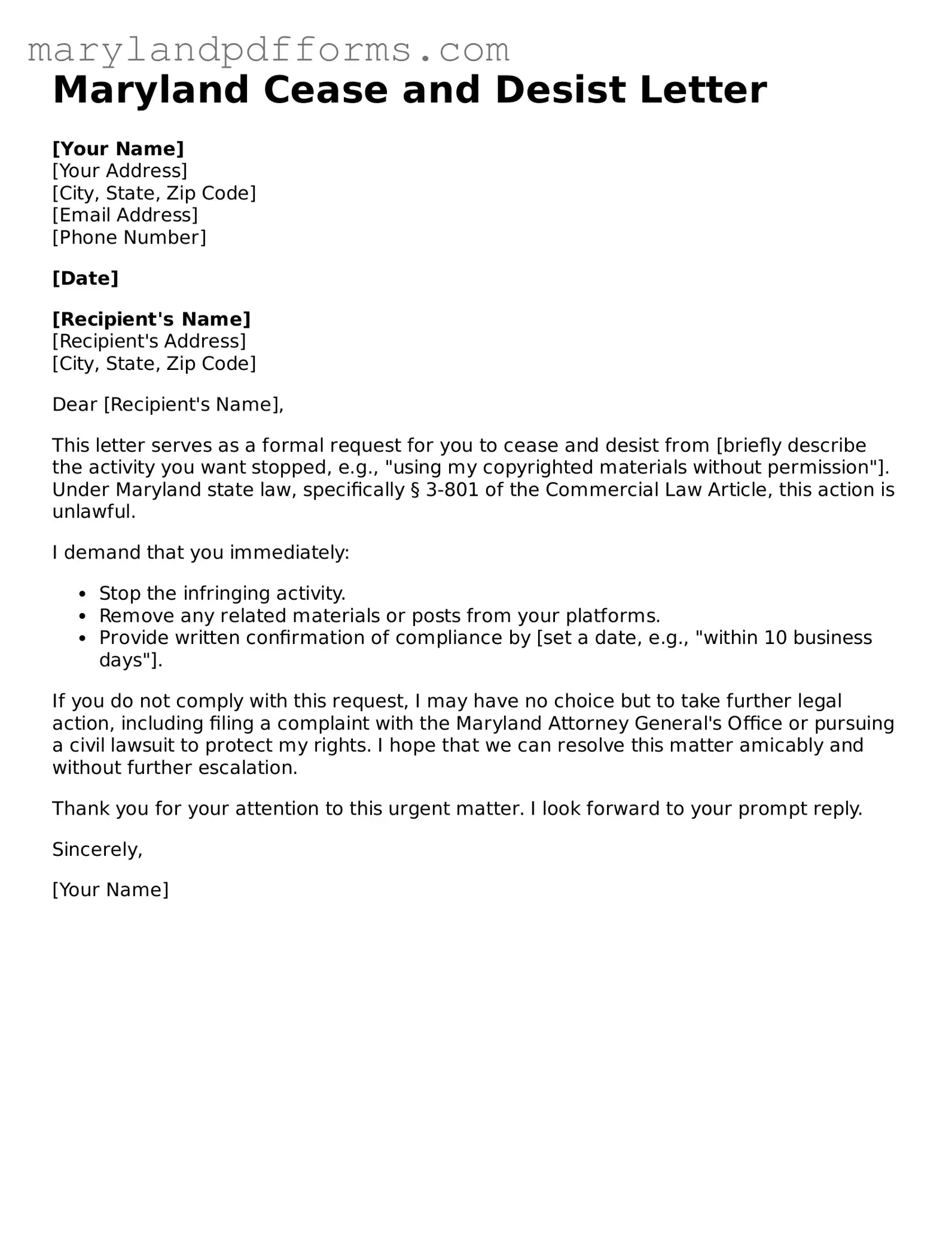 Free Cease and Desist Letter Document for the State of Maryland