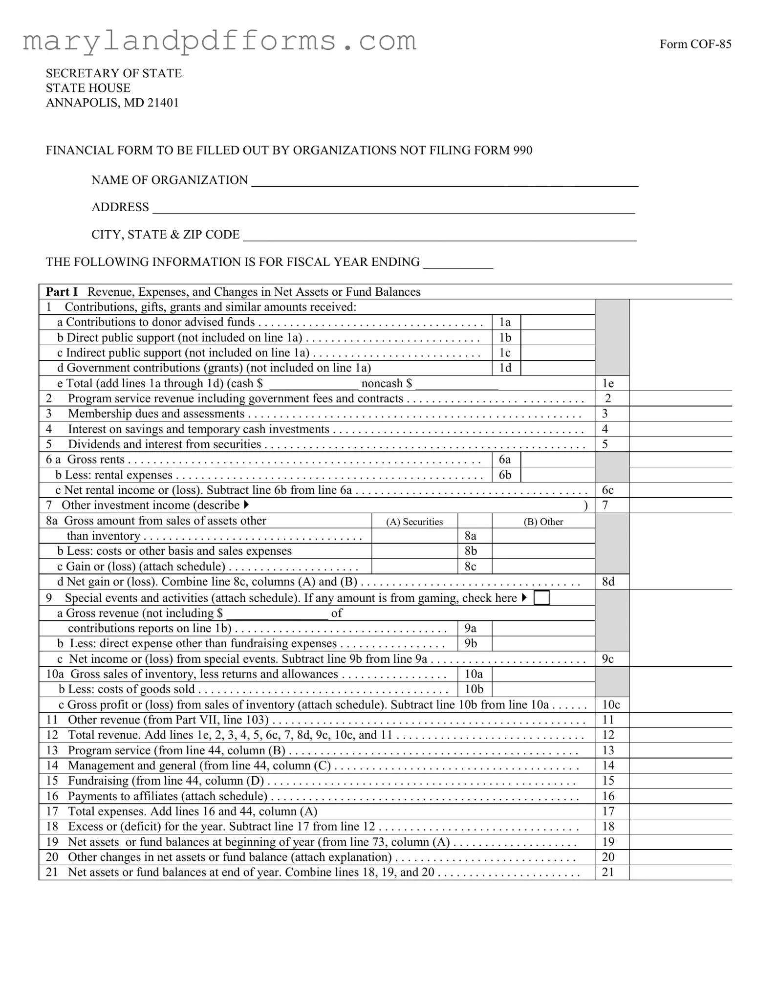 Blank Maryland Cof 85 Template