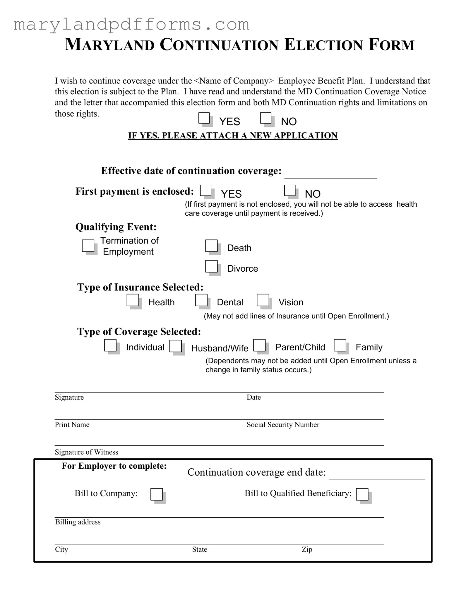 Blank Maryland Continuation Election Template
