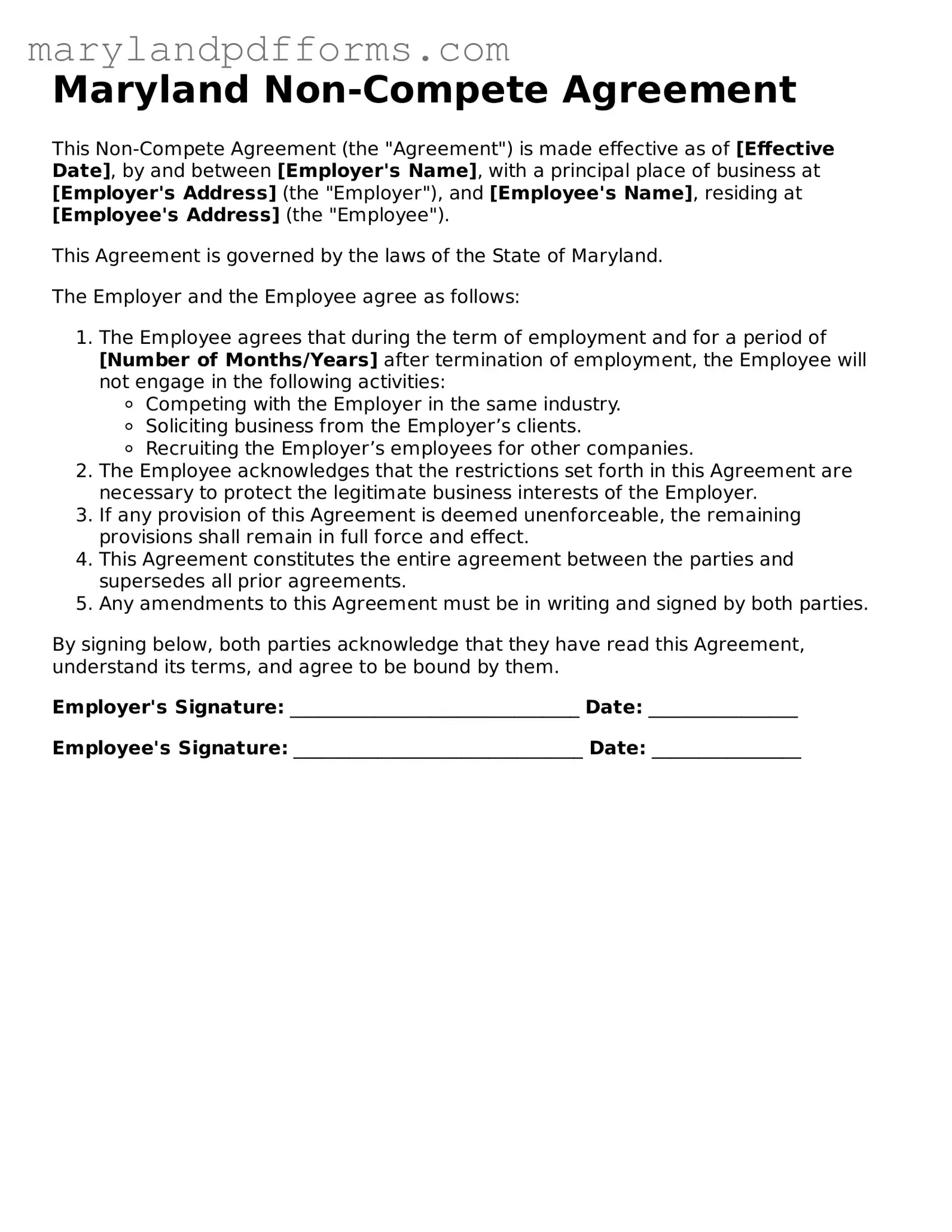 Free Non-compete Agreement Document for the State of Maryland