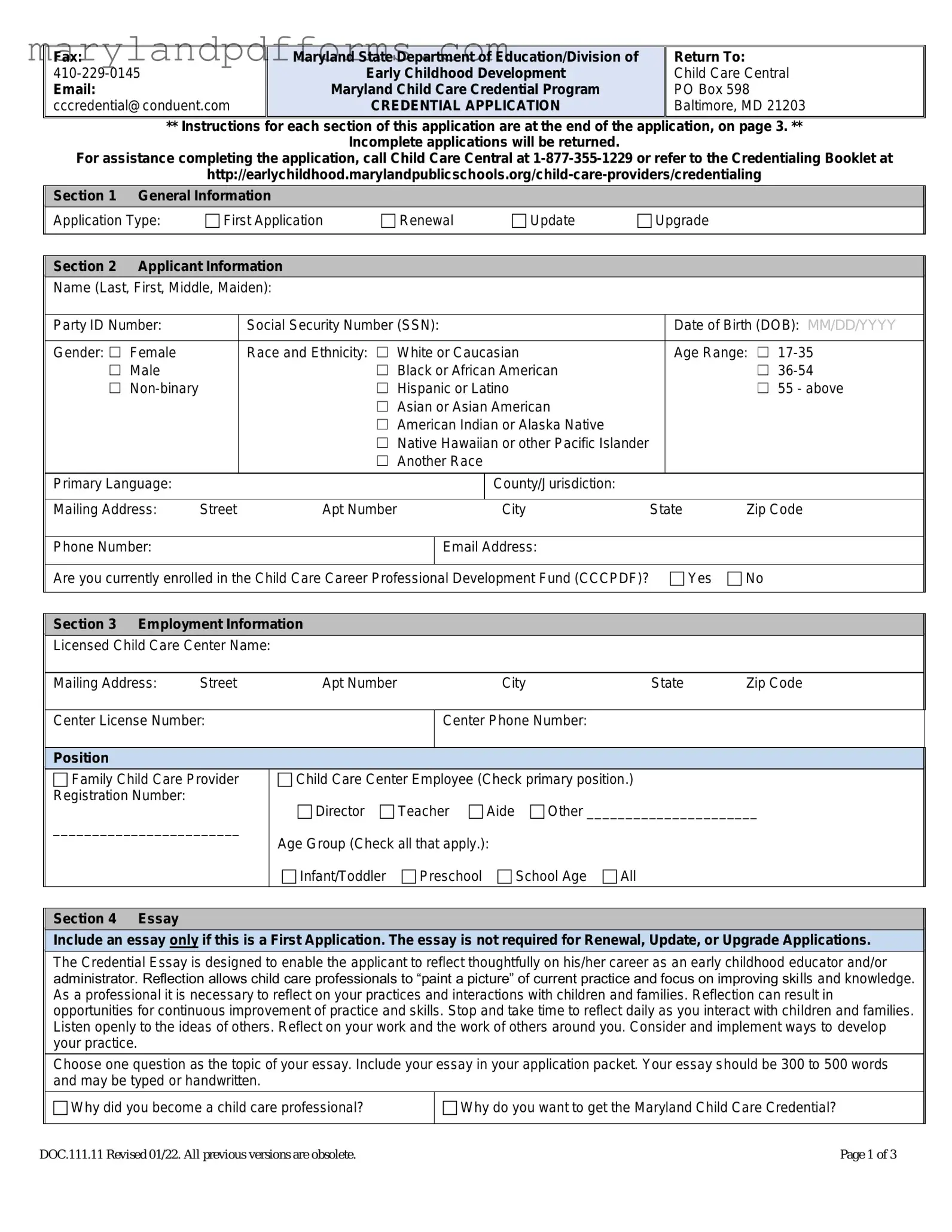 Blank Maryland Credentialing Application Template