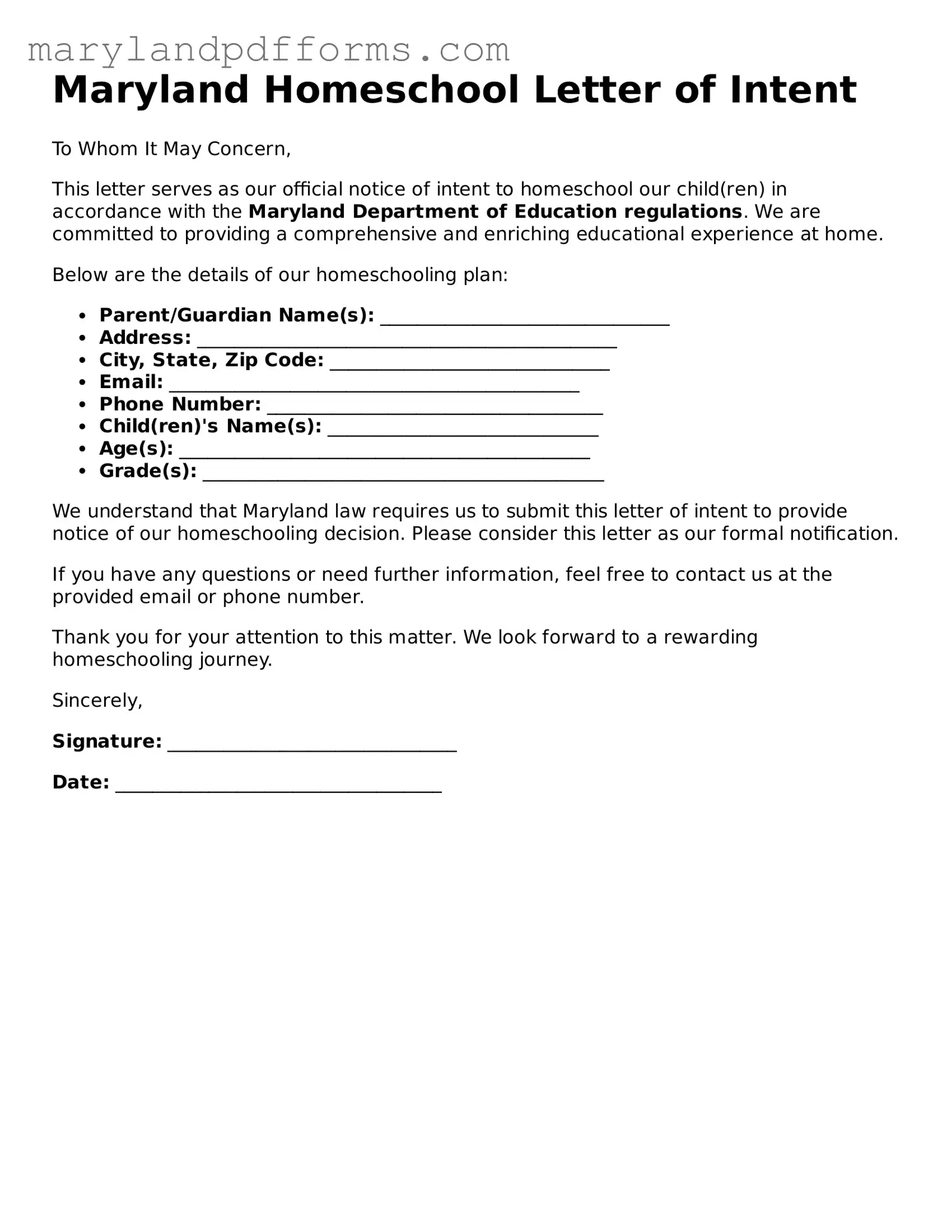 Free Homeschool Letter of Intent Document for the State of Maryland
