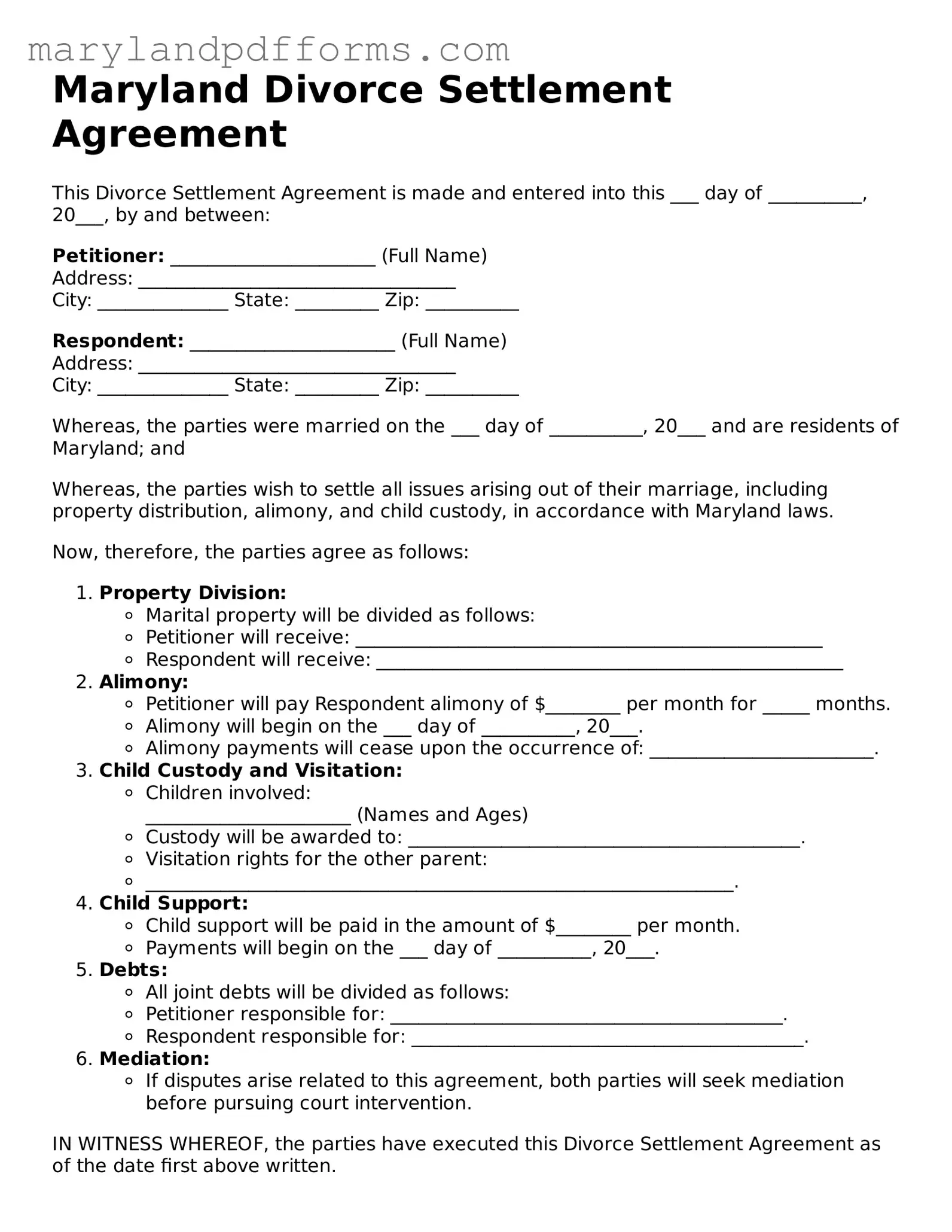 Free Divorce Settlement Agreement Document for the State of Maryland
