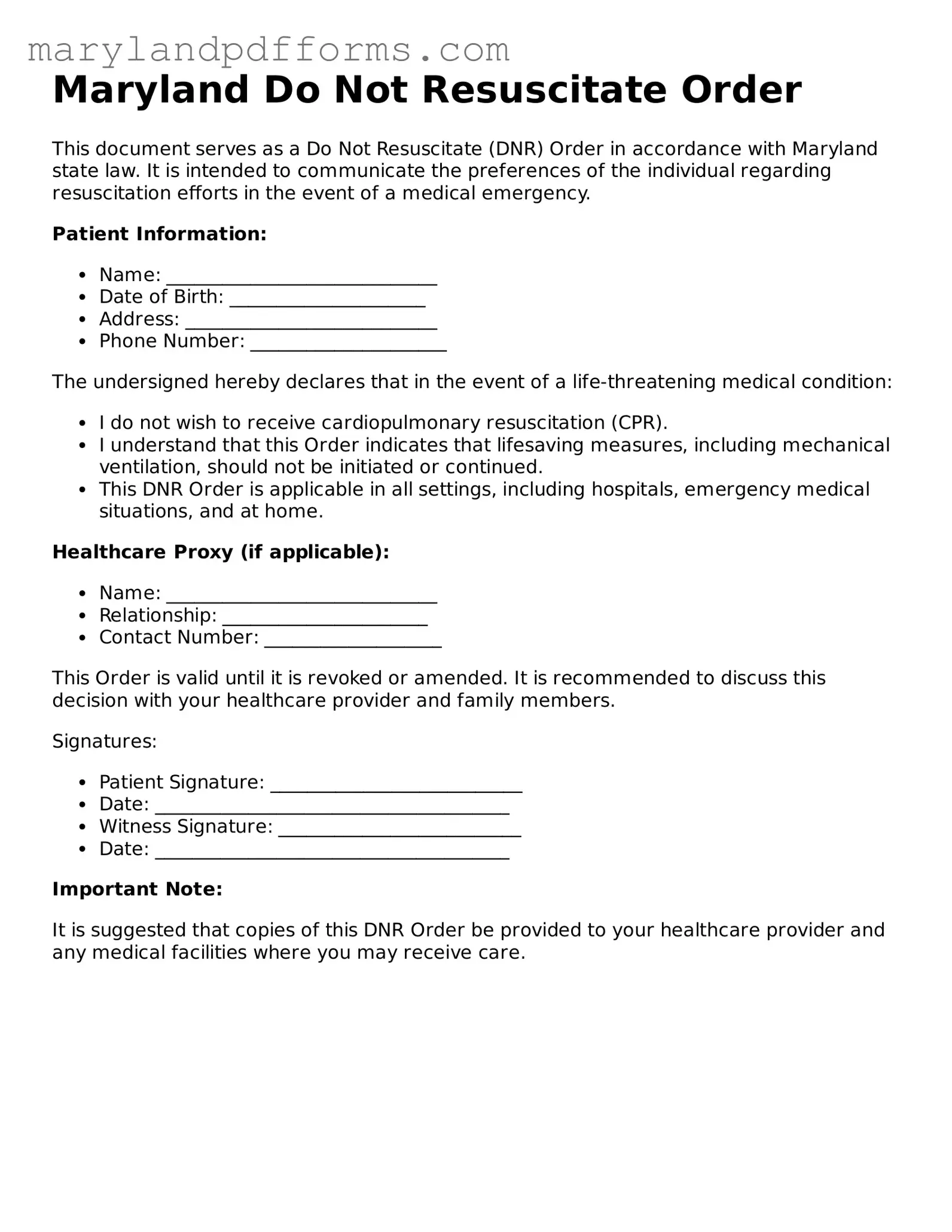 Free Do Not Resuscitate Order Document for the State of Maryland