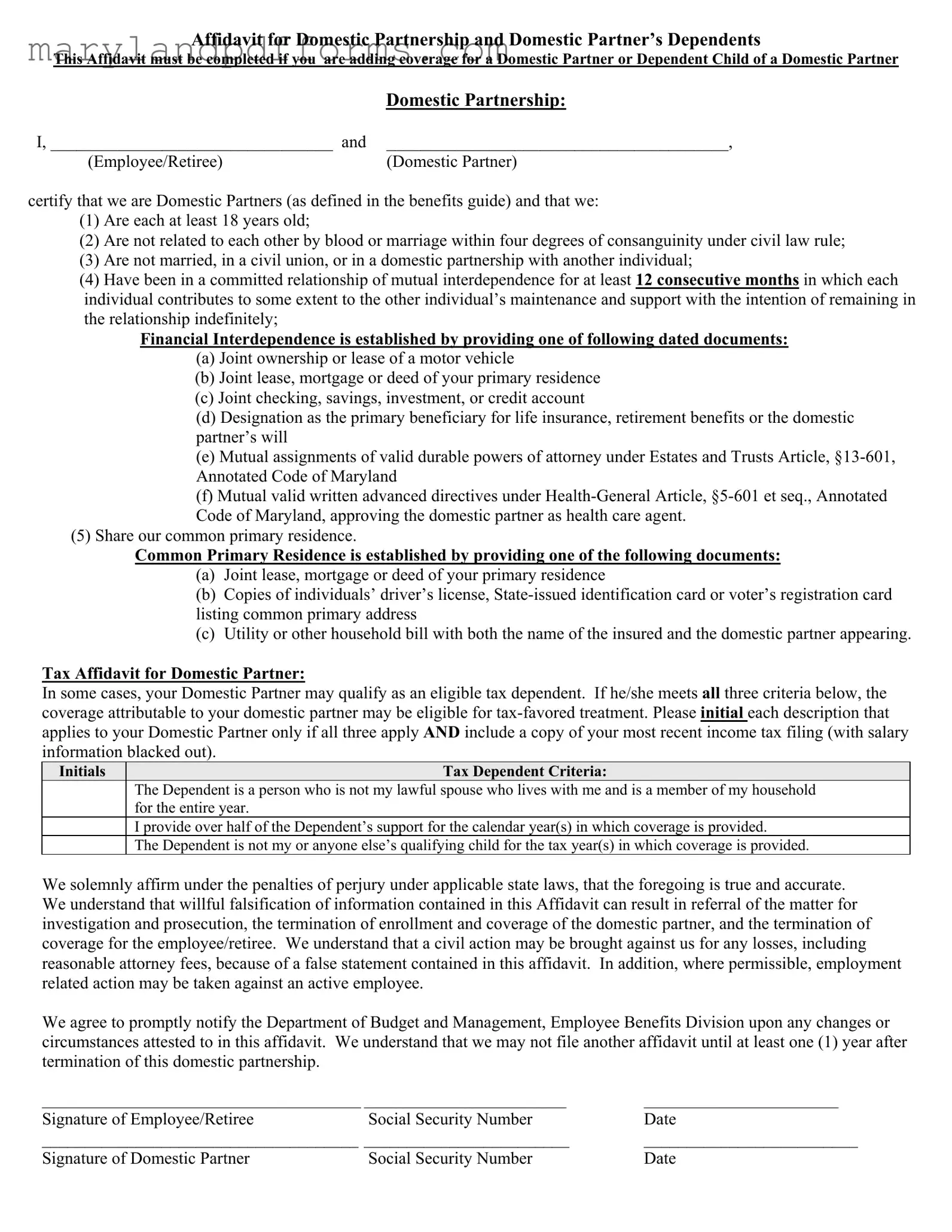 Blank Maryland Domestic Partnership Template