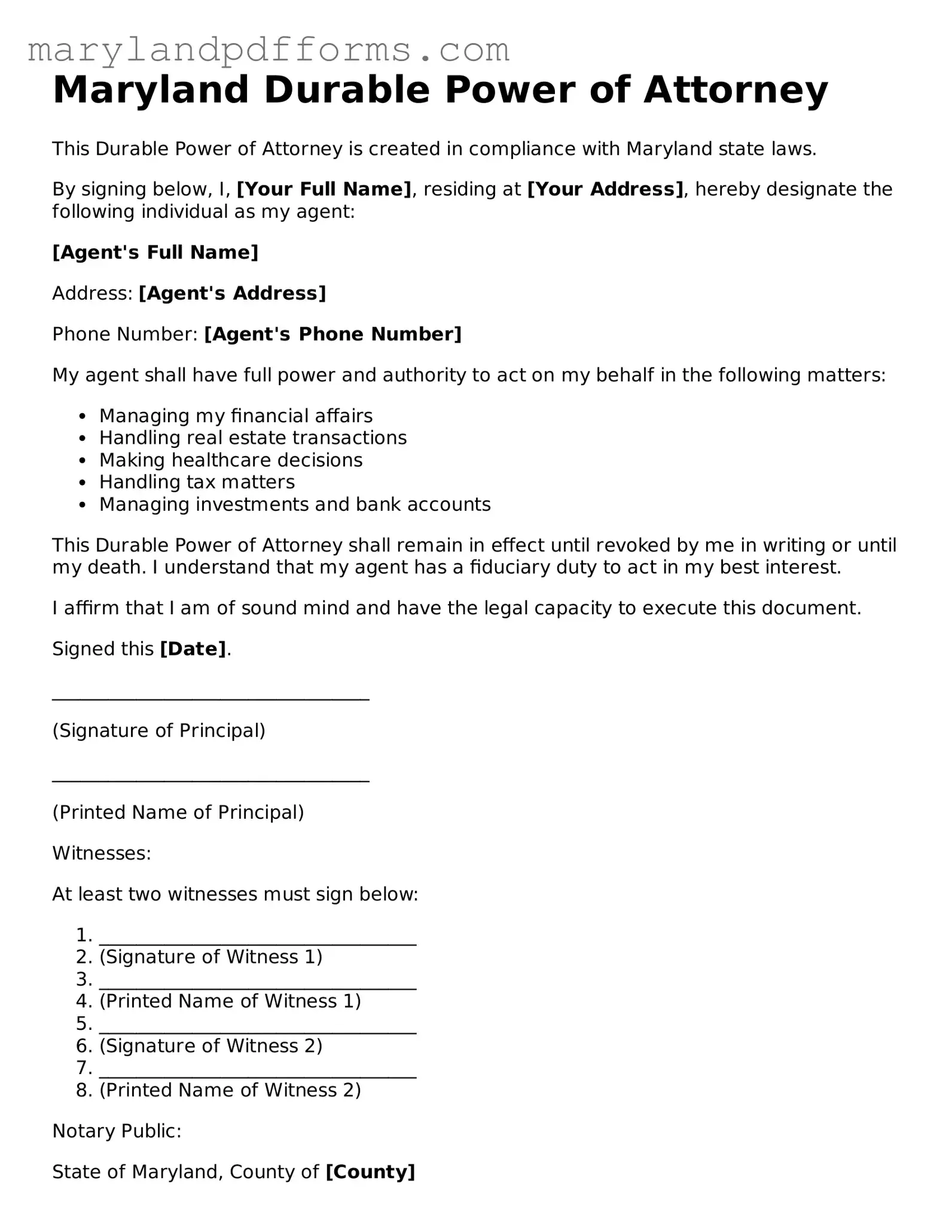 Free Durable Power of Attorney Document for the State of Maryland