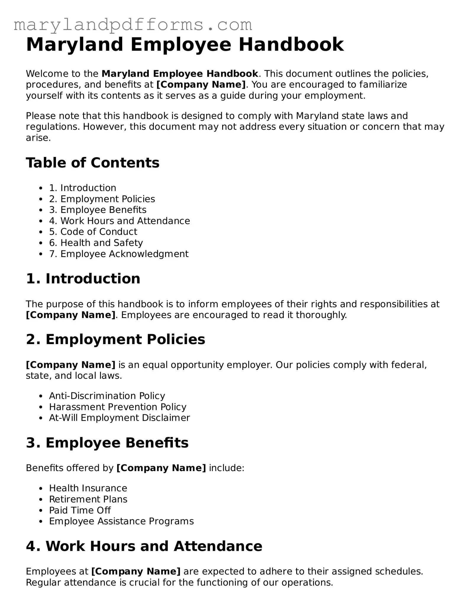Free Employee Handbook Document for the State of Maryland