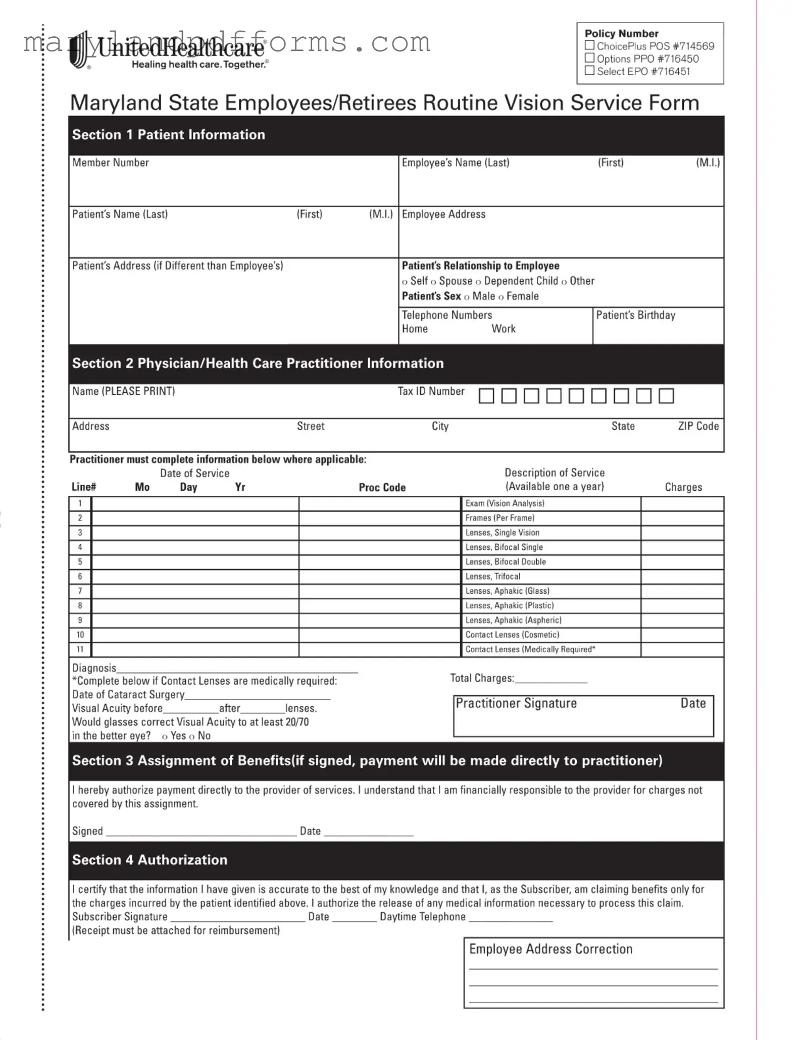 Blank Maryland Employees Vision Template