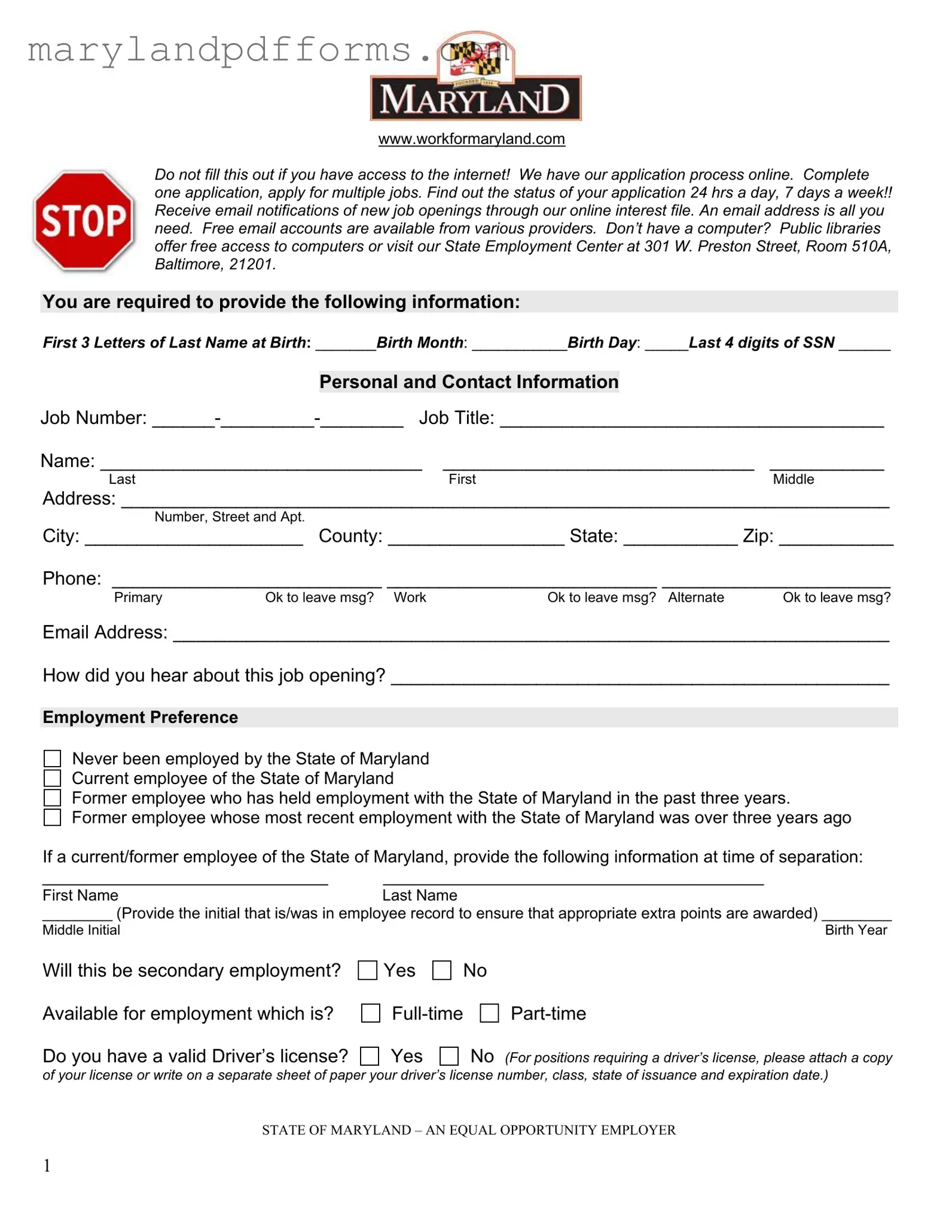 Blank Maryland Employment Application Template