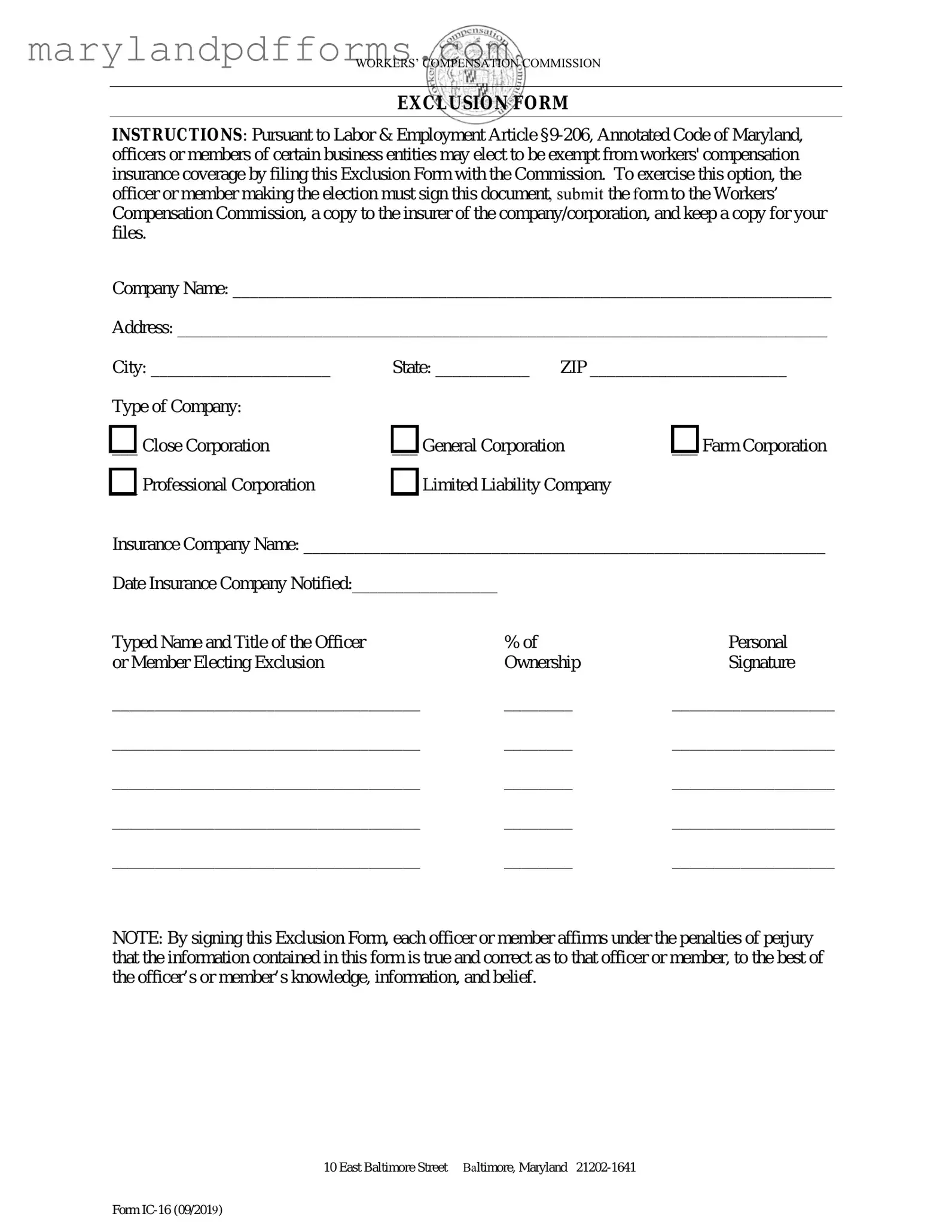 Blank Maryland Exclusion Template