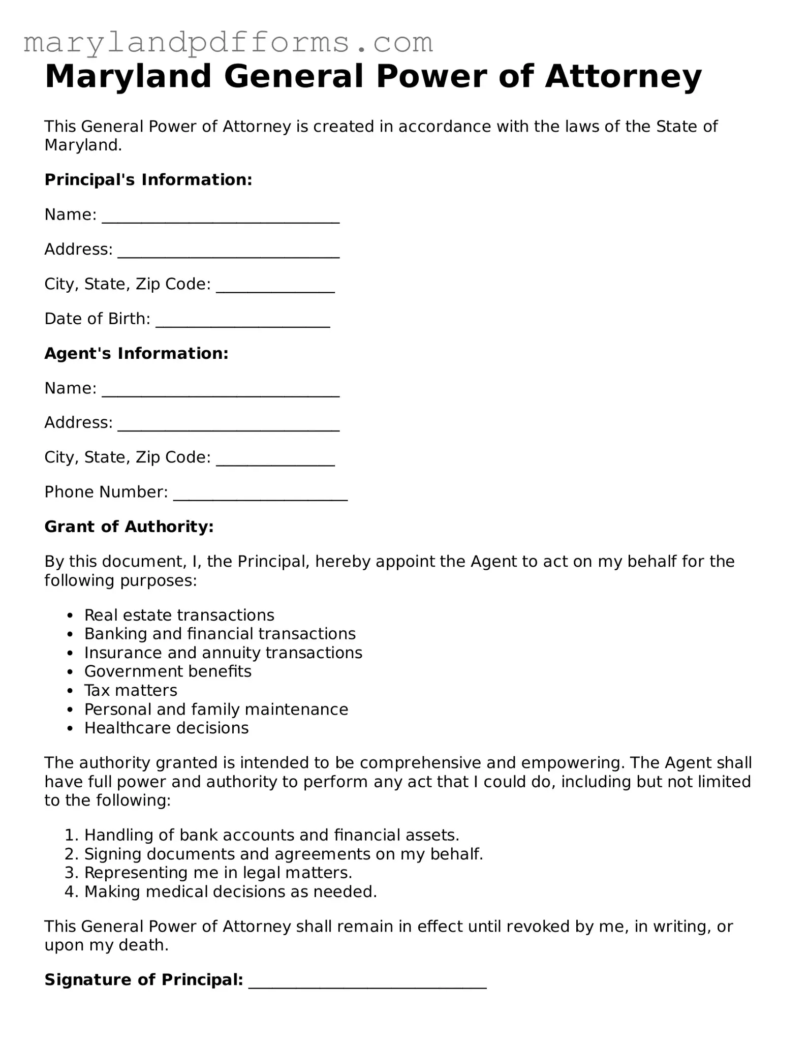 Free General Power of Attorney Document for the State of Maryland