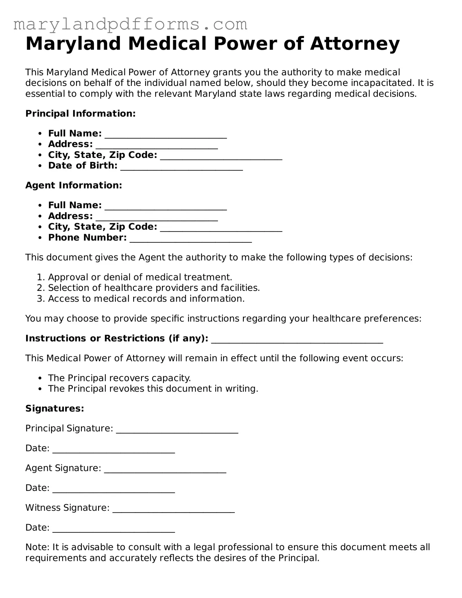 Free Medical Power of Attorney Document for the State of Maryland