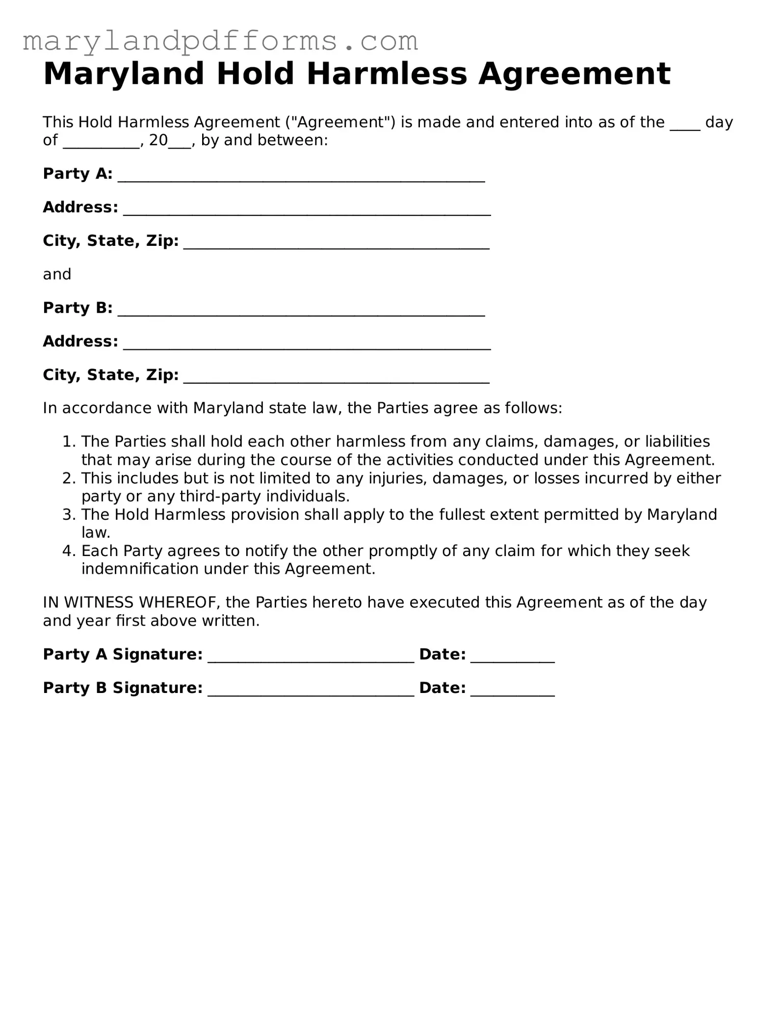 Free Hold Harmless Agreement Document for the State of Maryland