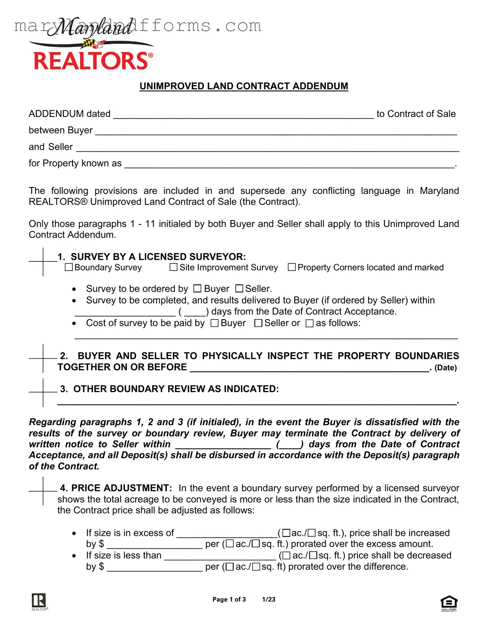 Blank Maryland Land Contract Addendum Template