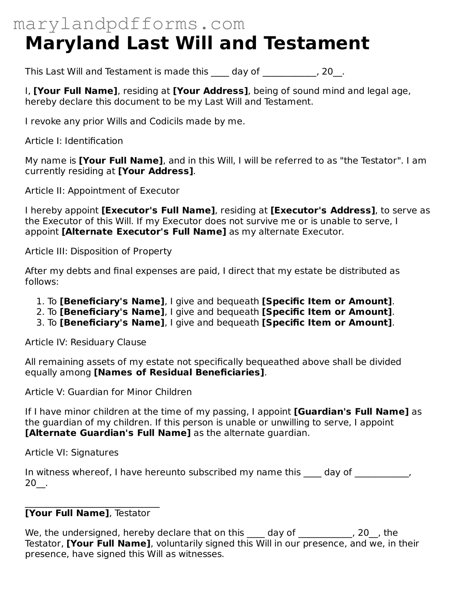 Free Last Will and Testament Document for the State of Maryland