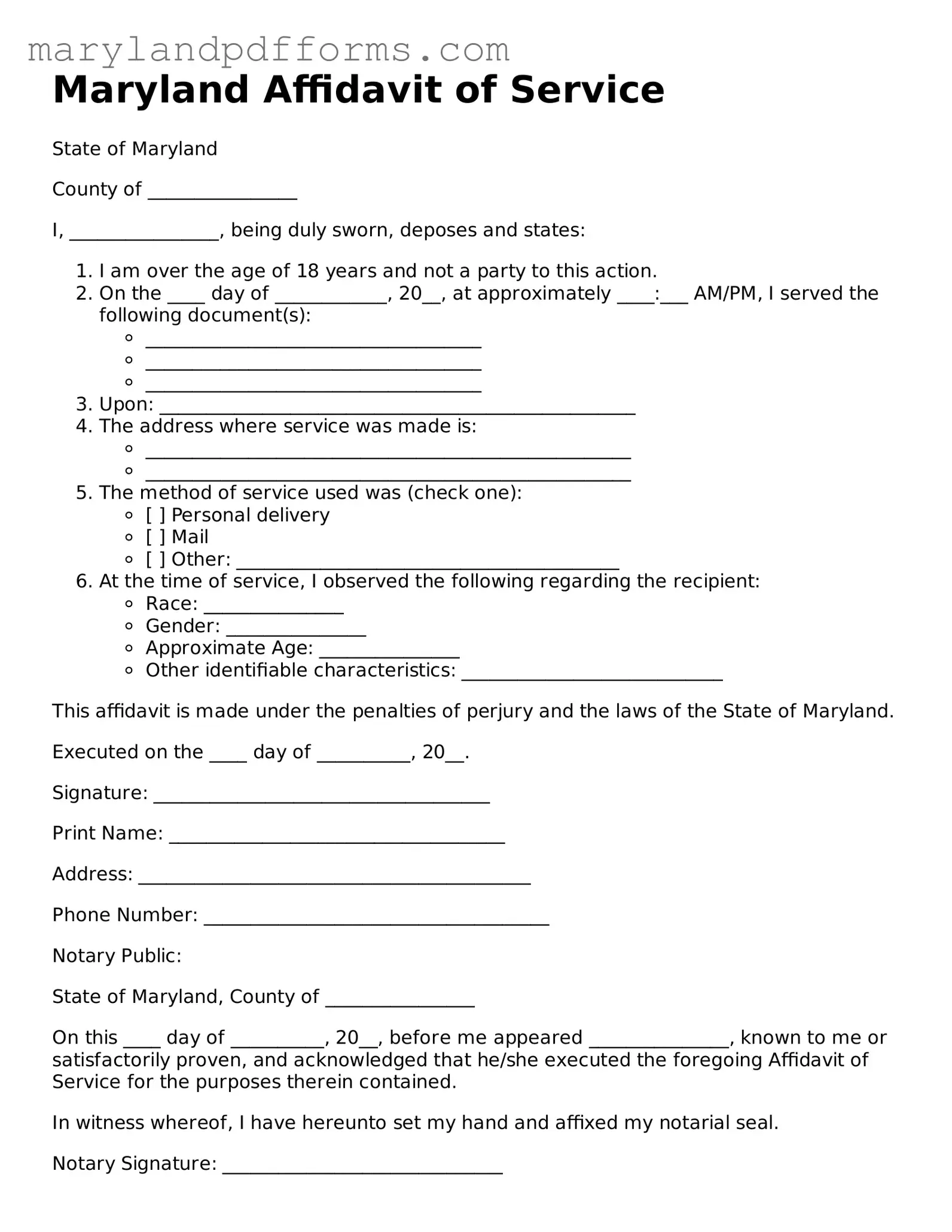 Free Affidavit of Service Document for the State of Maryland