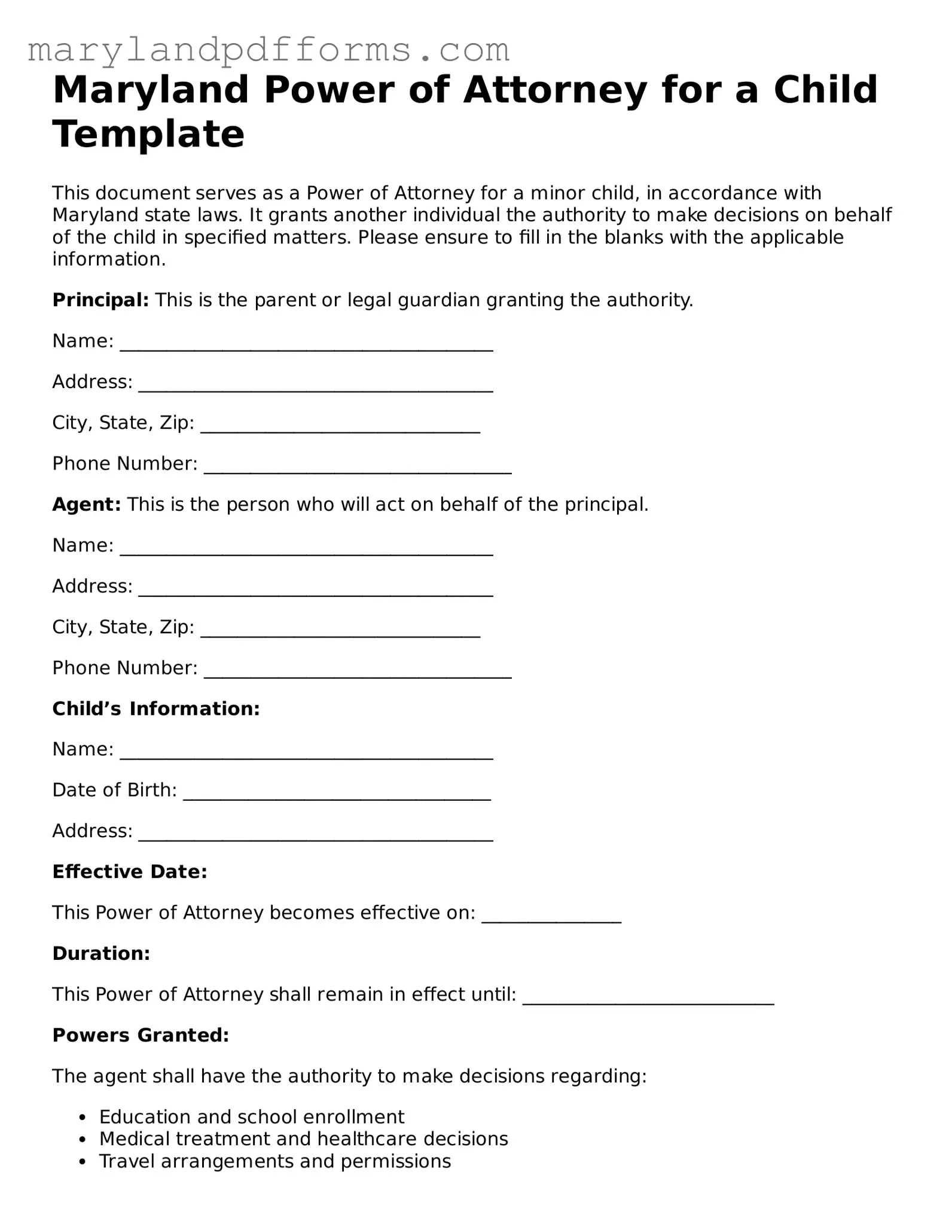 Free Power of Attorney for a Child Document for the State of Maryland