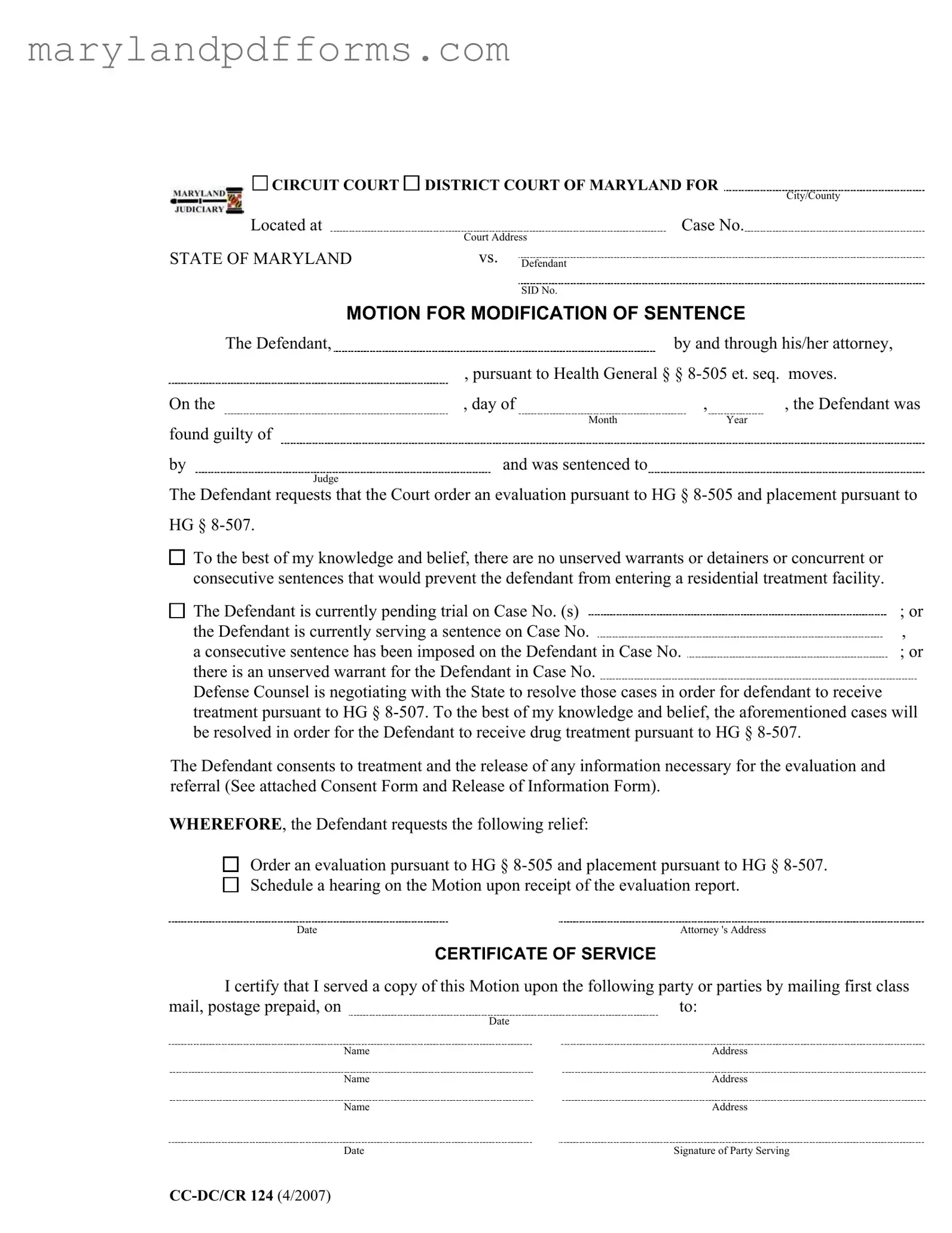 Blank Maryland Modification Sentence Template