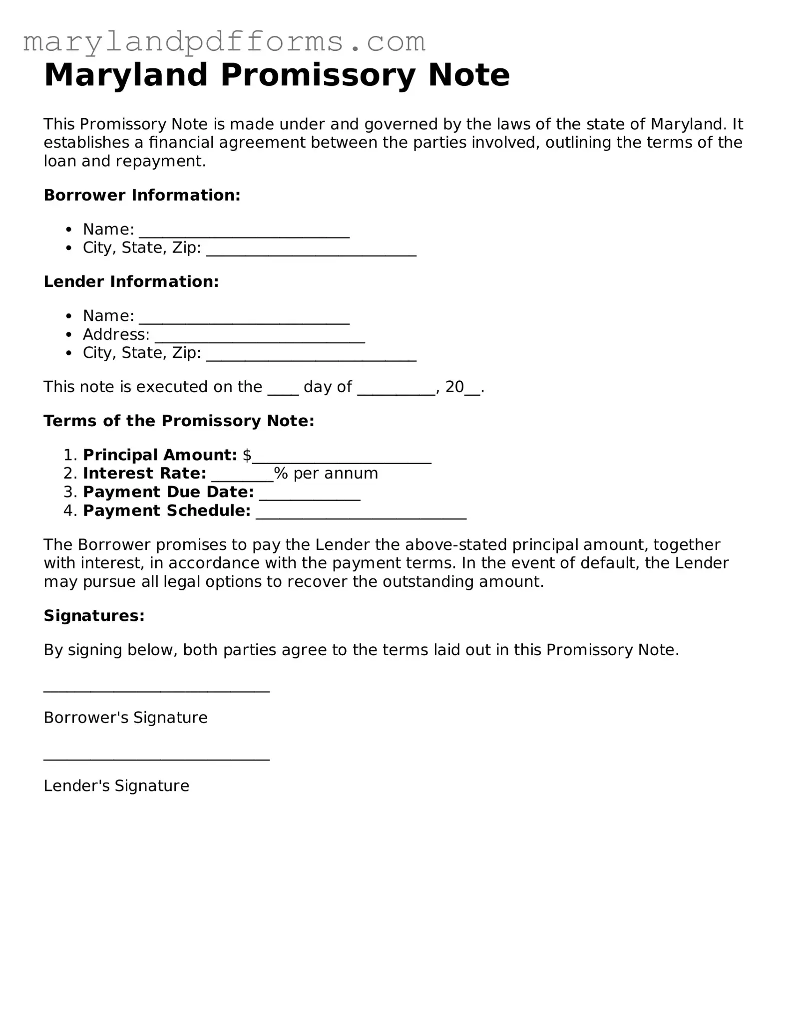Free Promissory Note Document for the State of Maryland