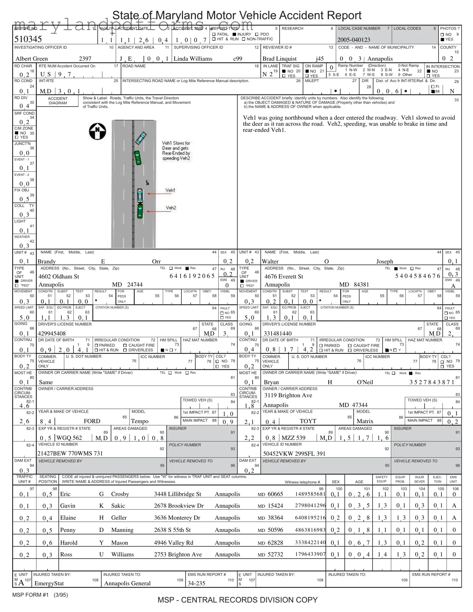 Blank Maryland Motor Vehicle Accident Report Template