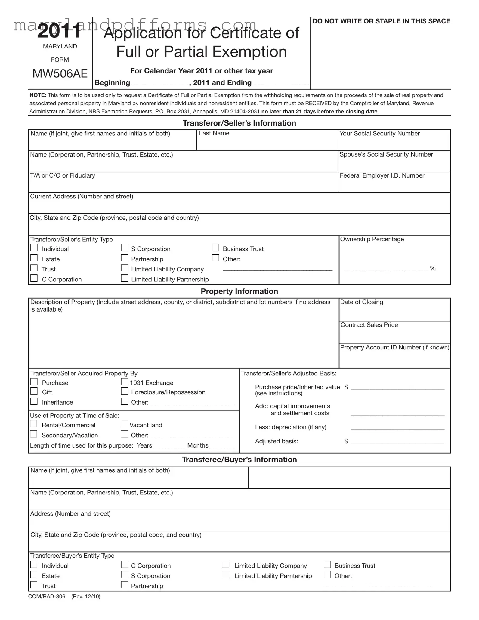 Blank Maryland Mw506Ae Template