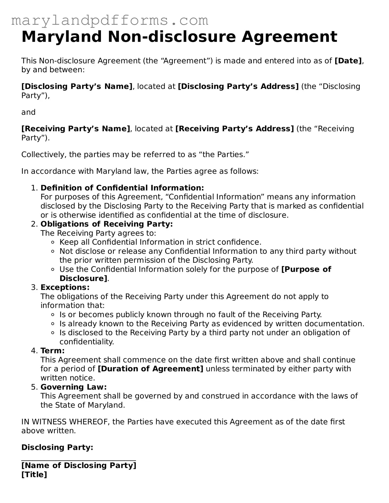 Free Non-disclosure Agreement Document for the State of Maryland