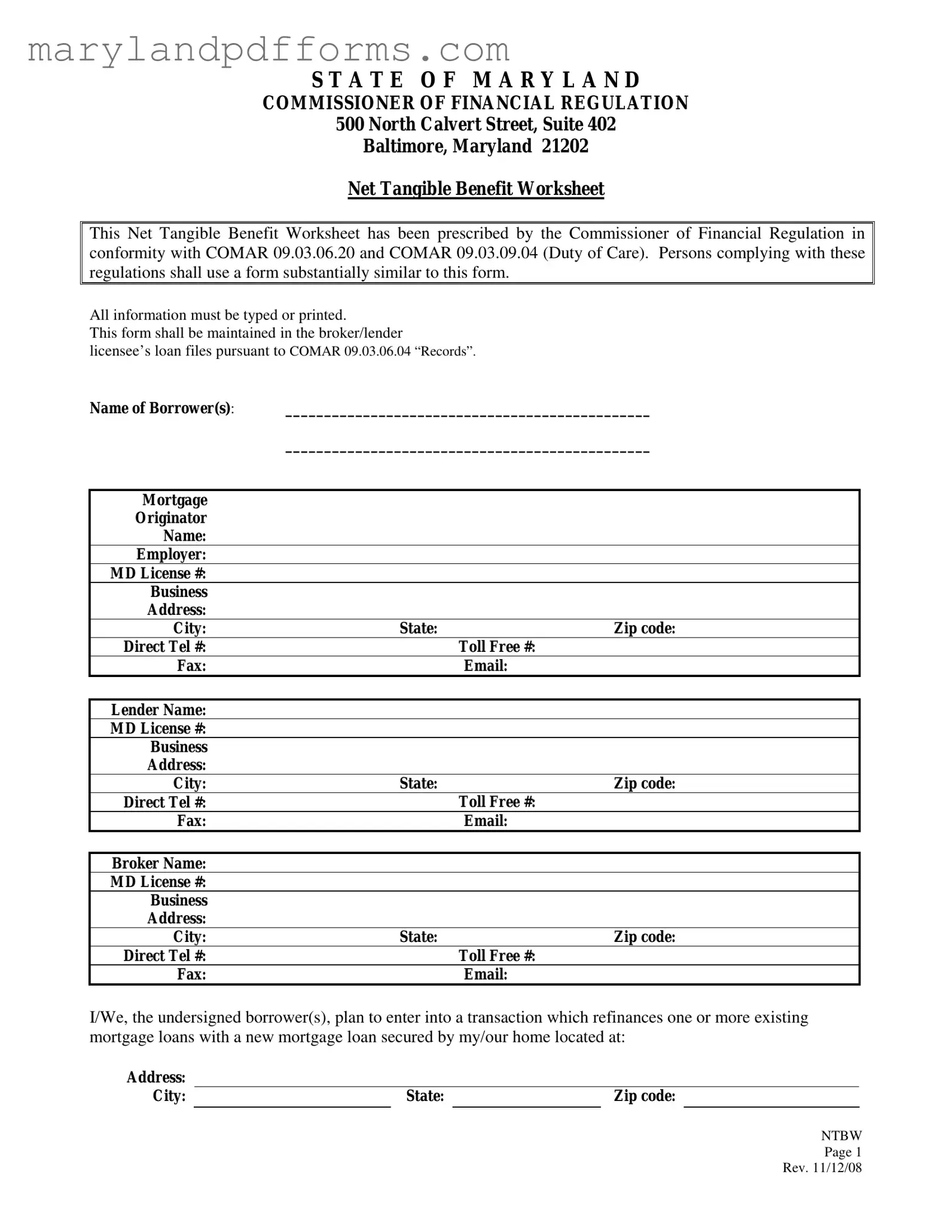 Blank Maryland Net Tangible Benefit Worksheet Template