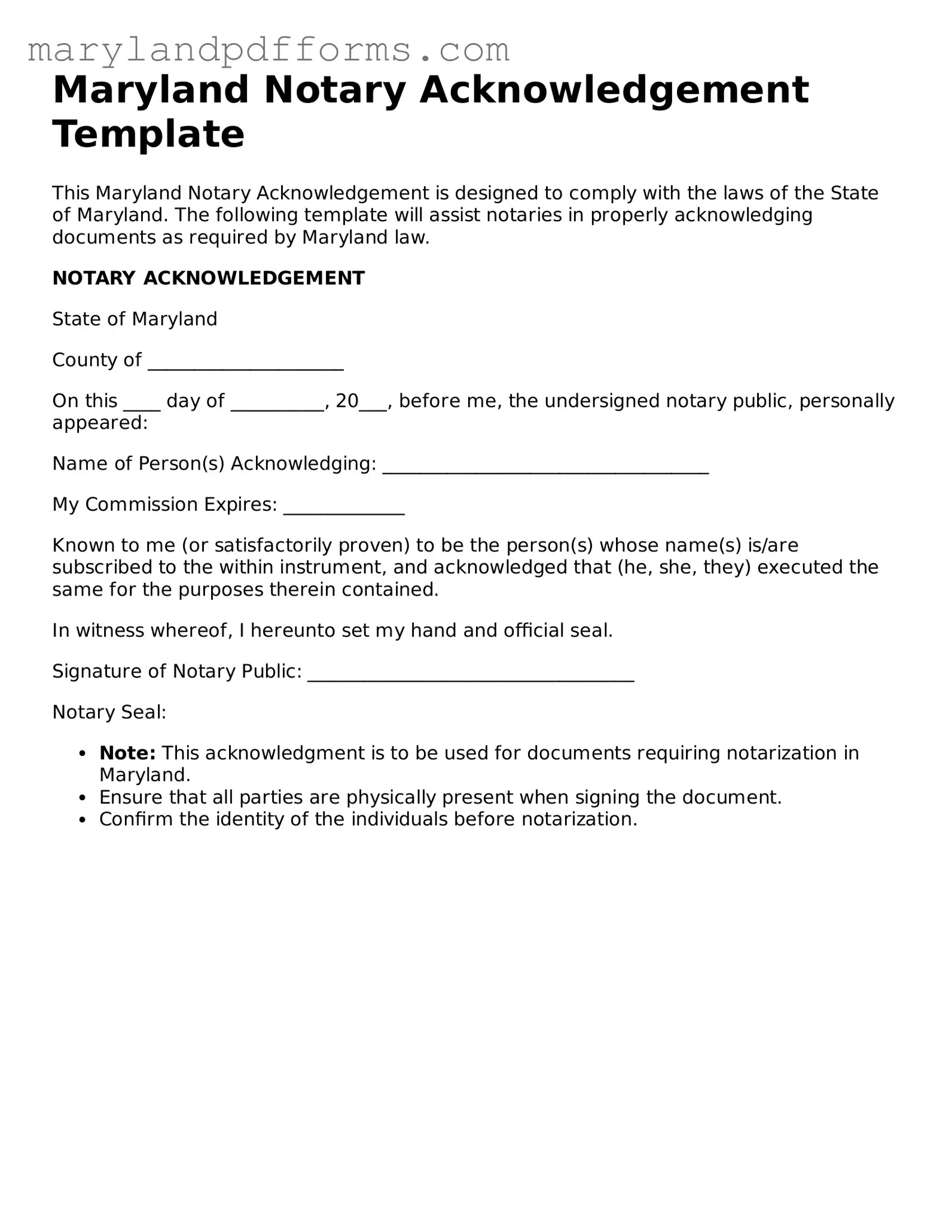 Free Notary Acknowledgement Document for the State of Maryland