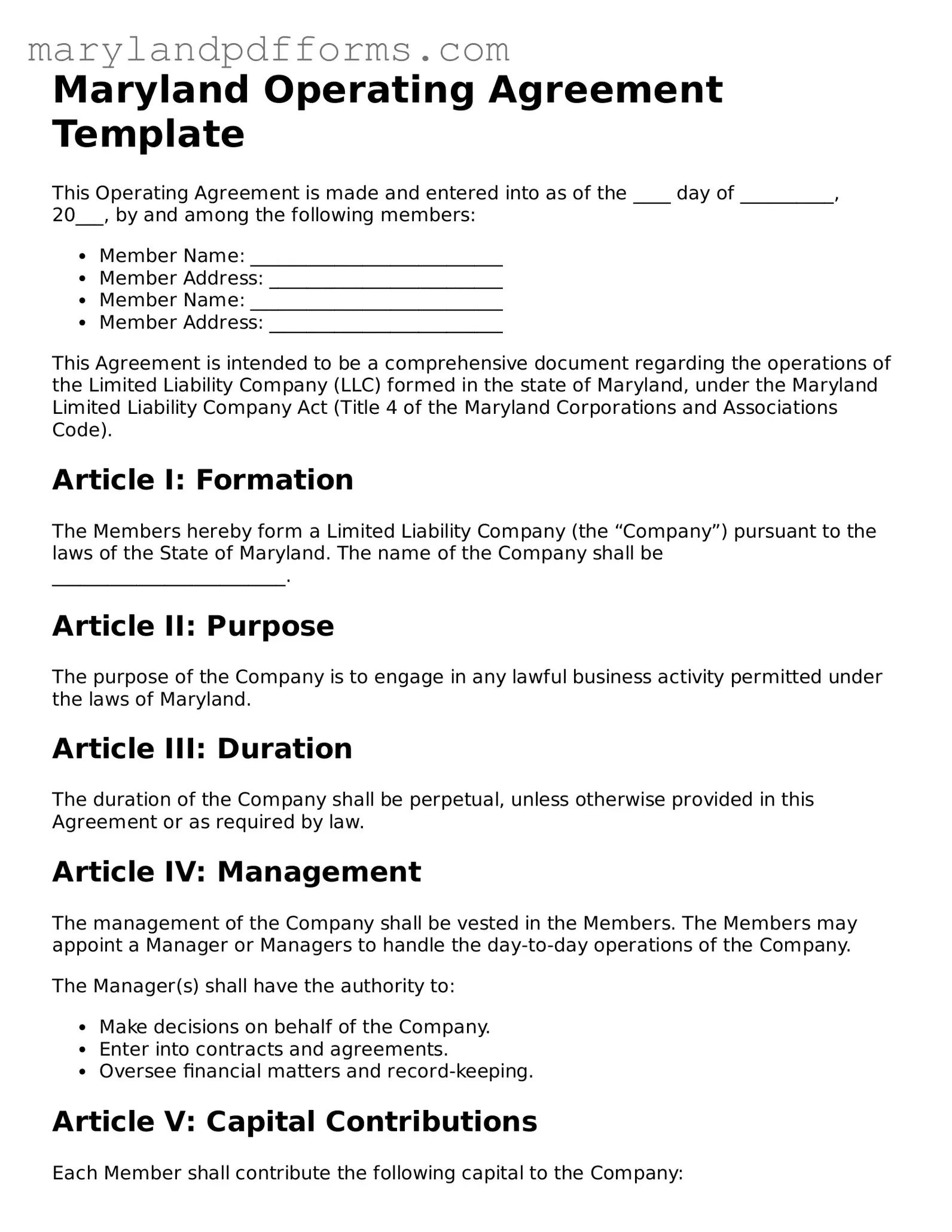 Free Operating Agreement Document for the State of Maryland