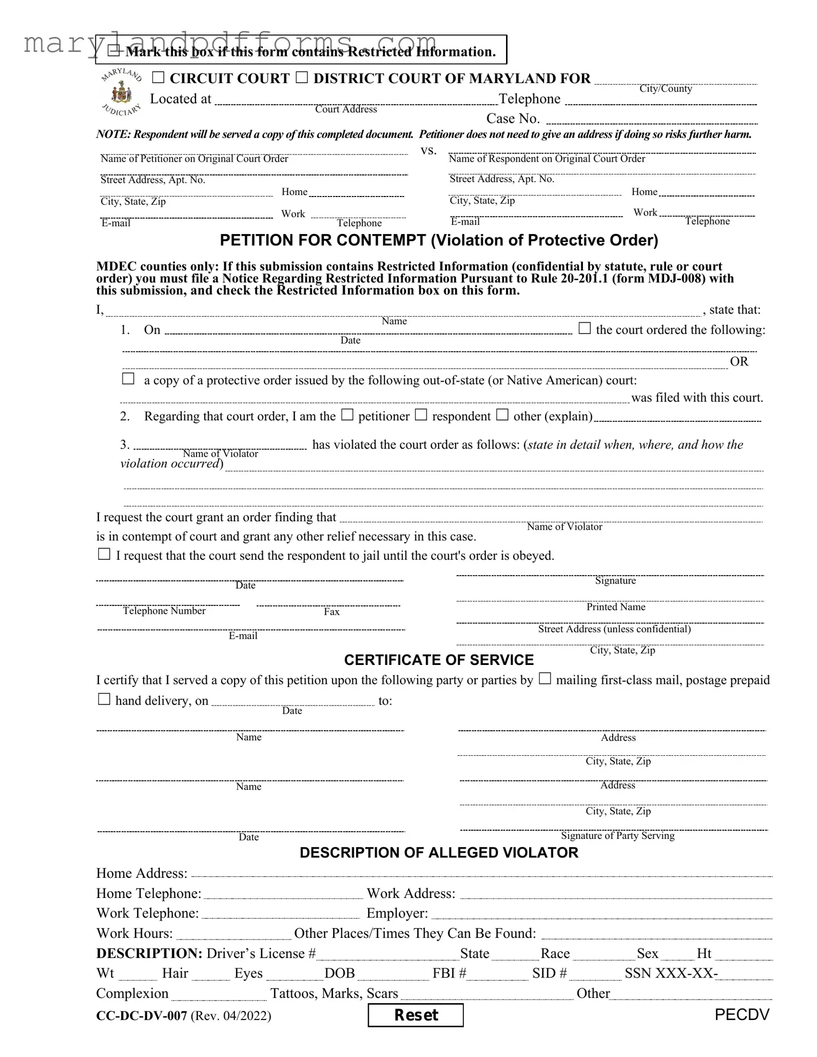 Blank Maryland Petition For Contempt Template