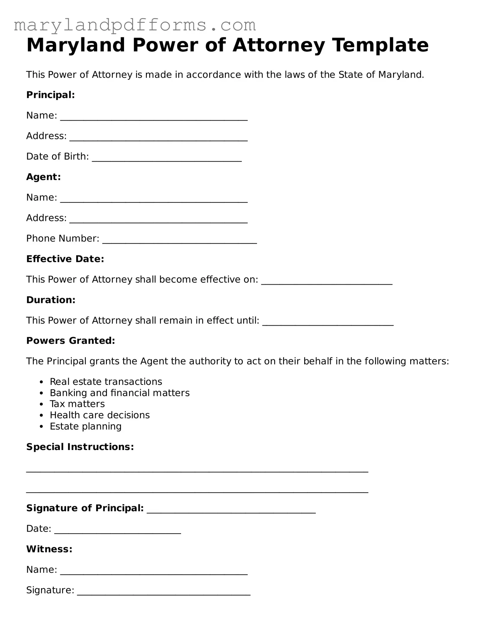 Free Power of Attorney Document for the State of Maryland