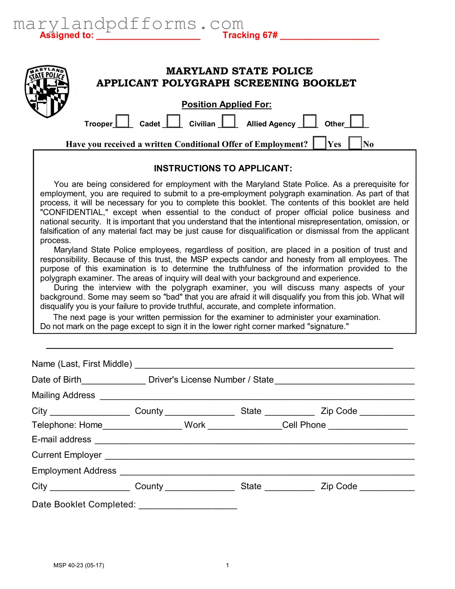 Blank Maryland Polygraph Police Template