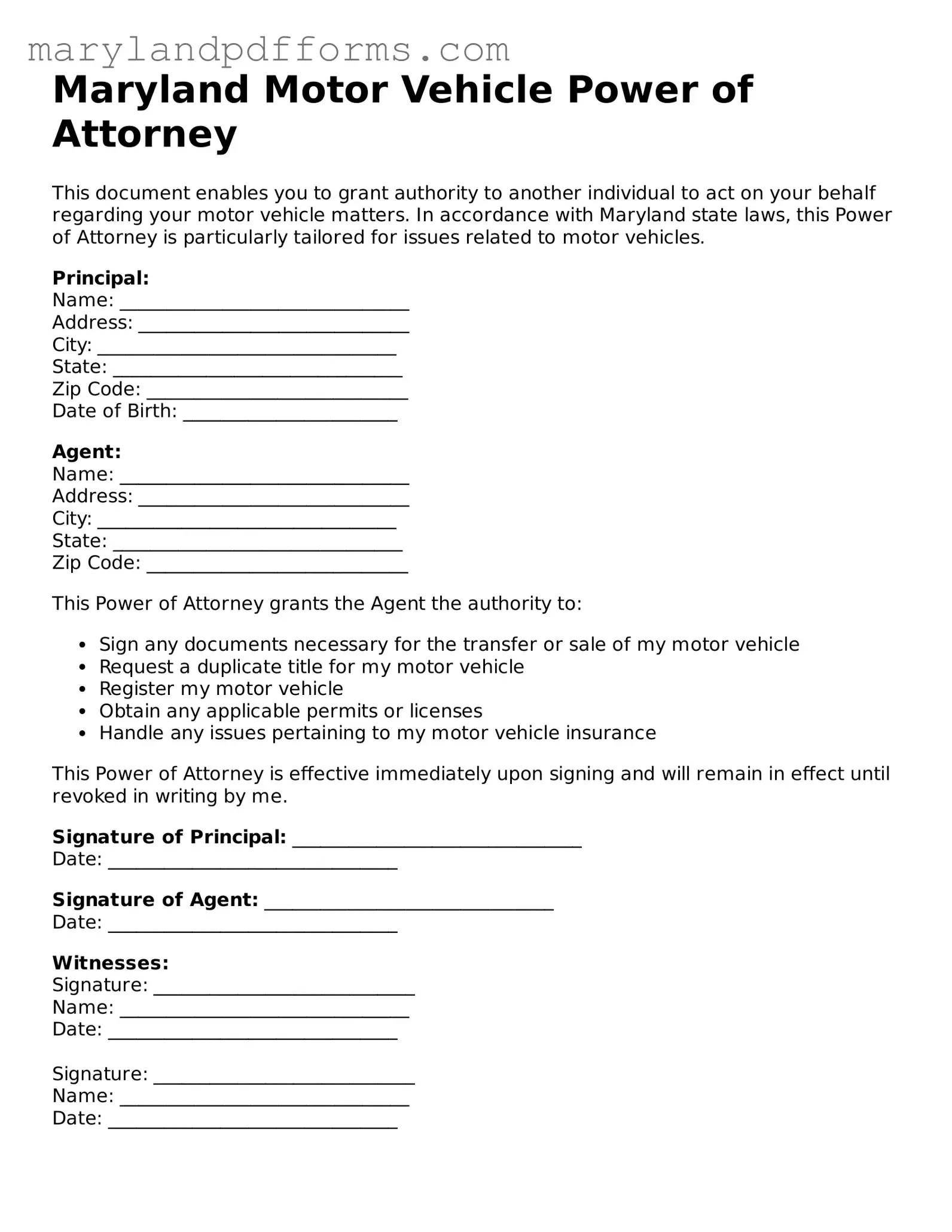 Free Motor Vehicle Power of Attorney Document for the State of Maryland