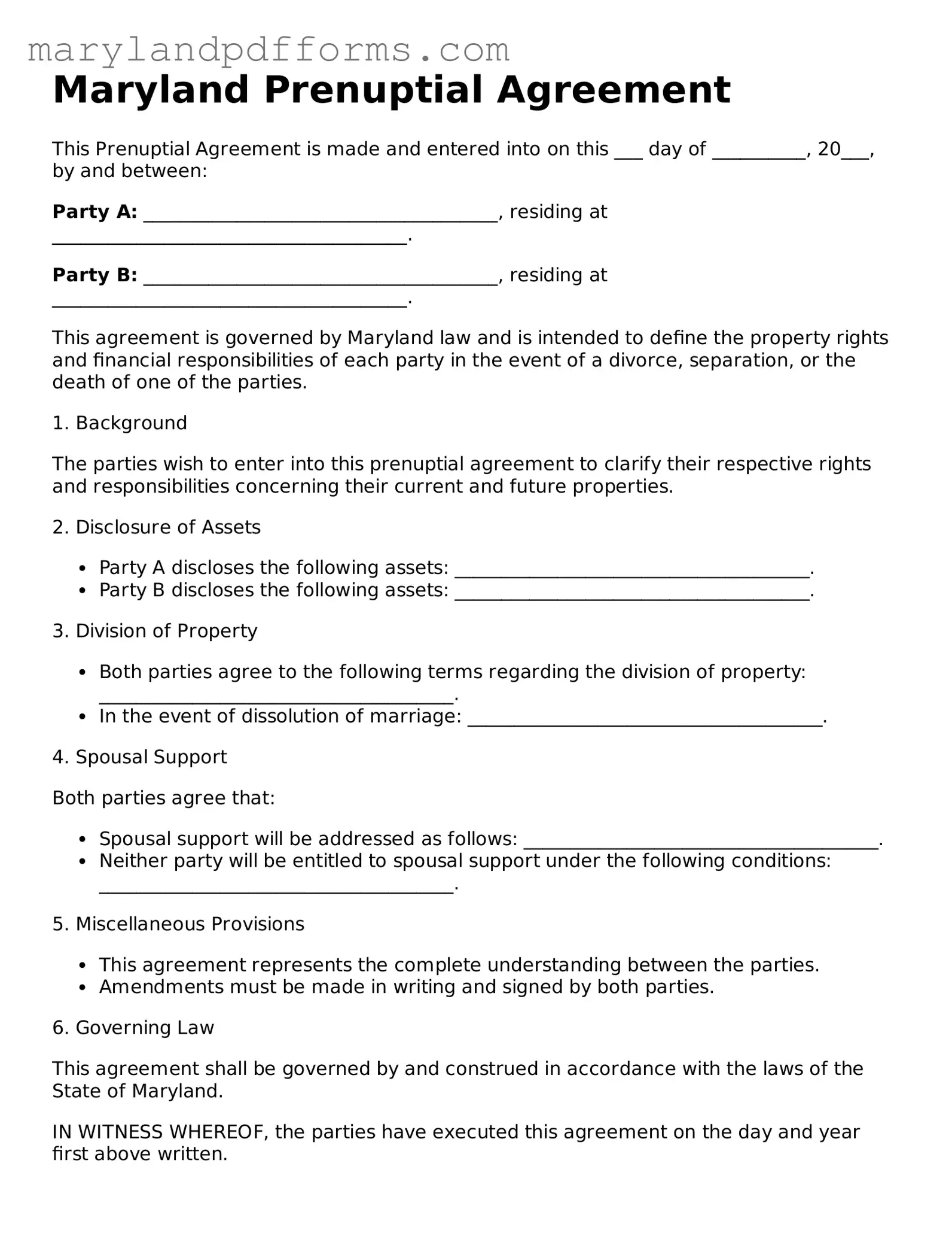 Free Prenuptial Agreement Document for the State of Maryland