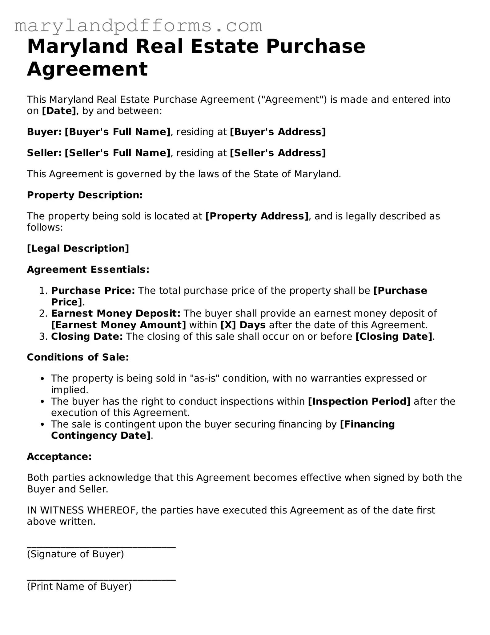 Free Real Estate Purchase Agreement Document for the State of Maryland