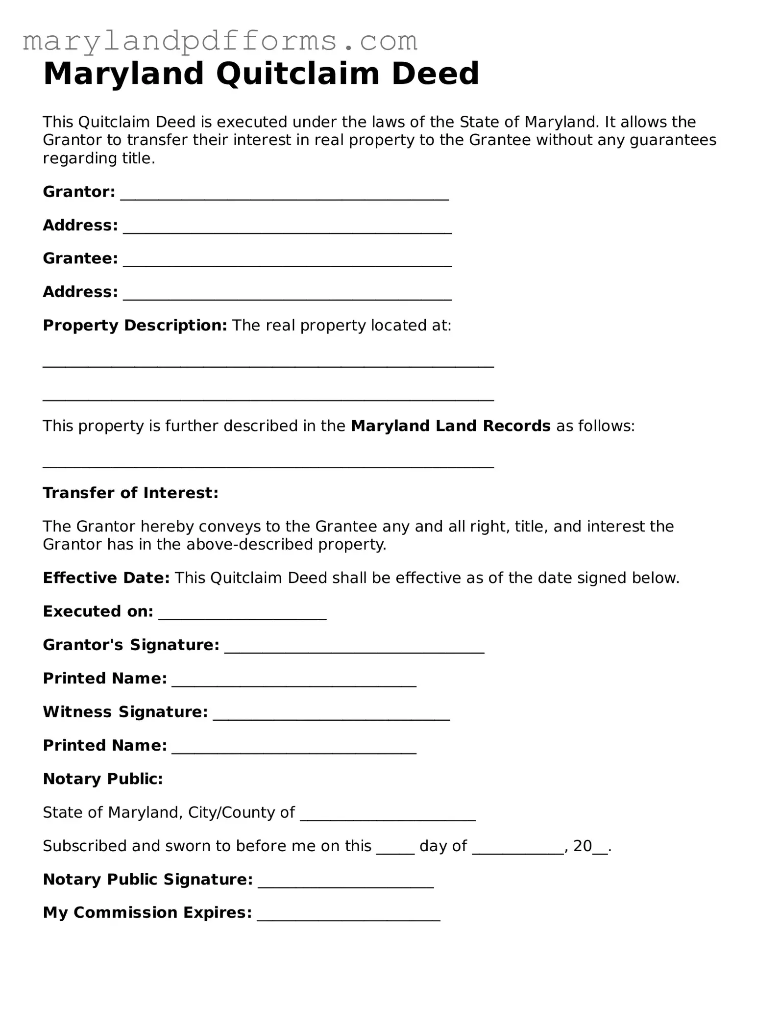 Free Quitclaim Deed Document for the State of Maryland