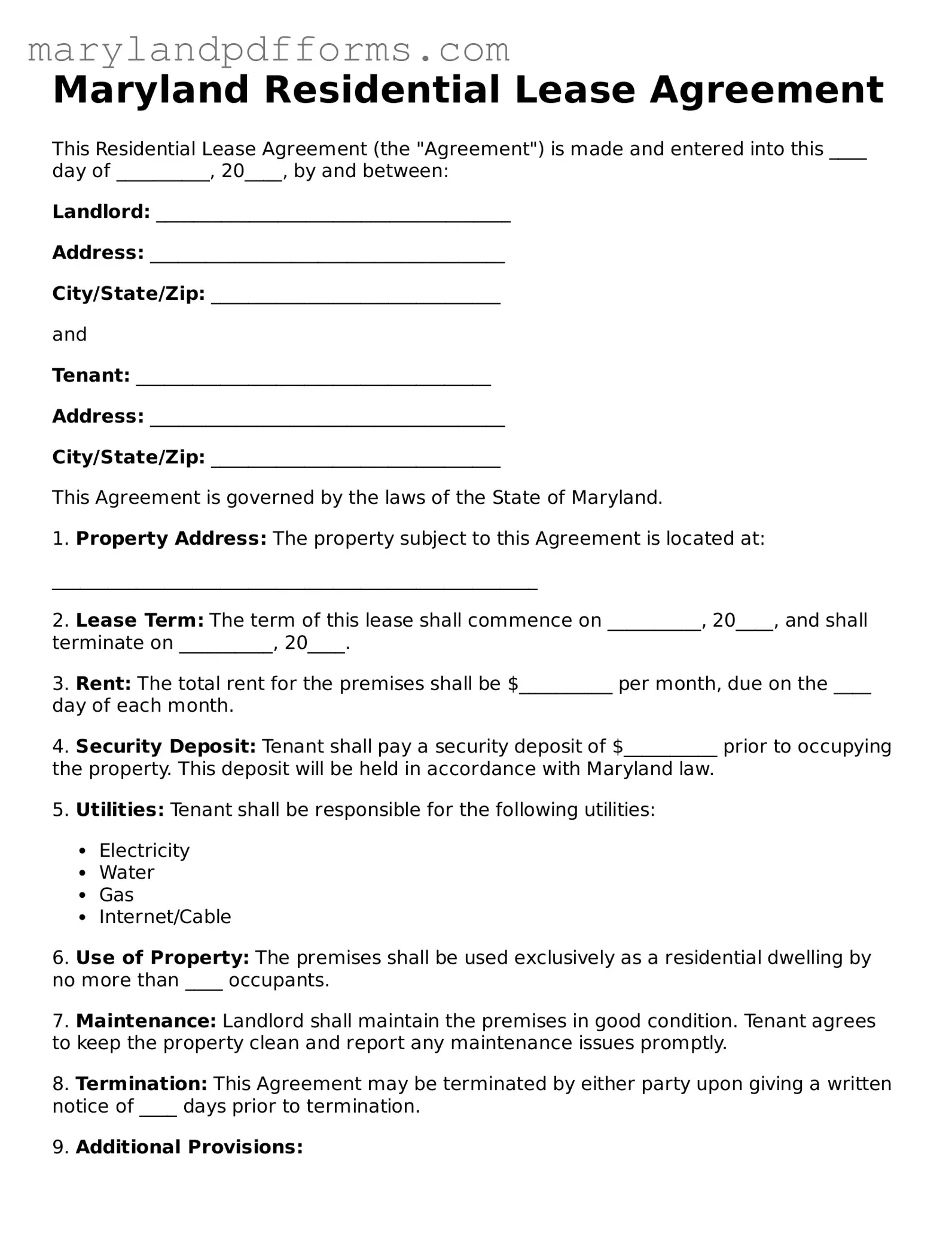 Free Residential Lease Agreement Document for the State of Maryland
