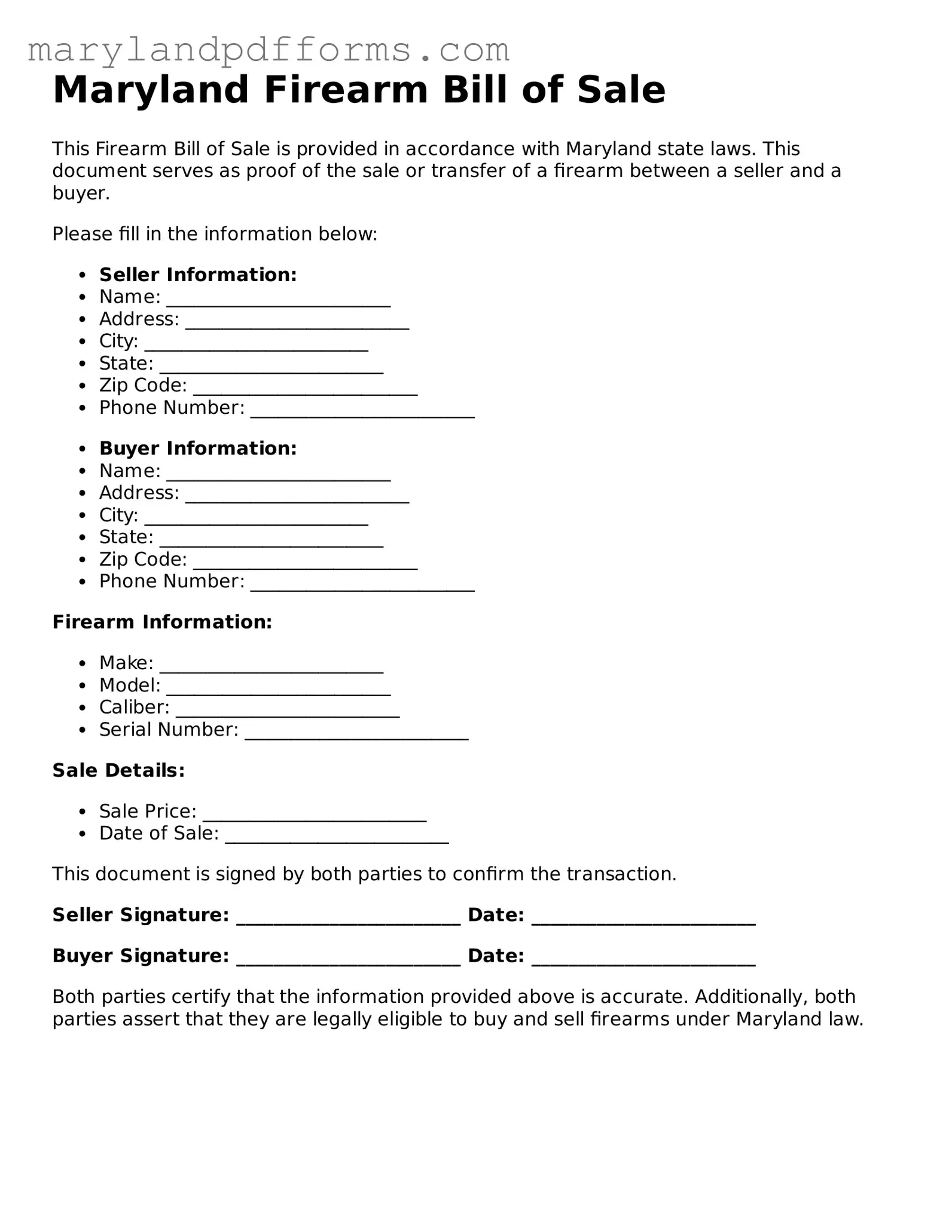 Free Firearm Bill of Sale Document for the State of Maryland