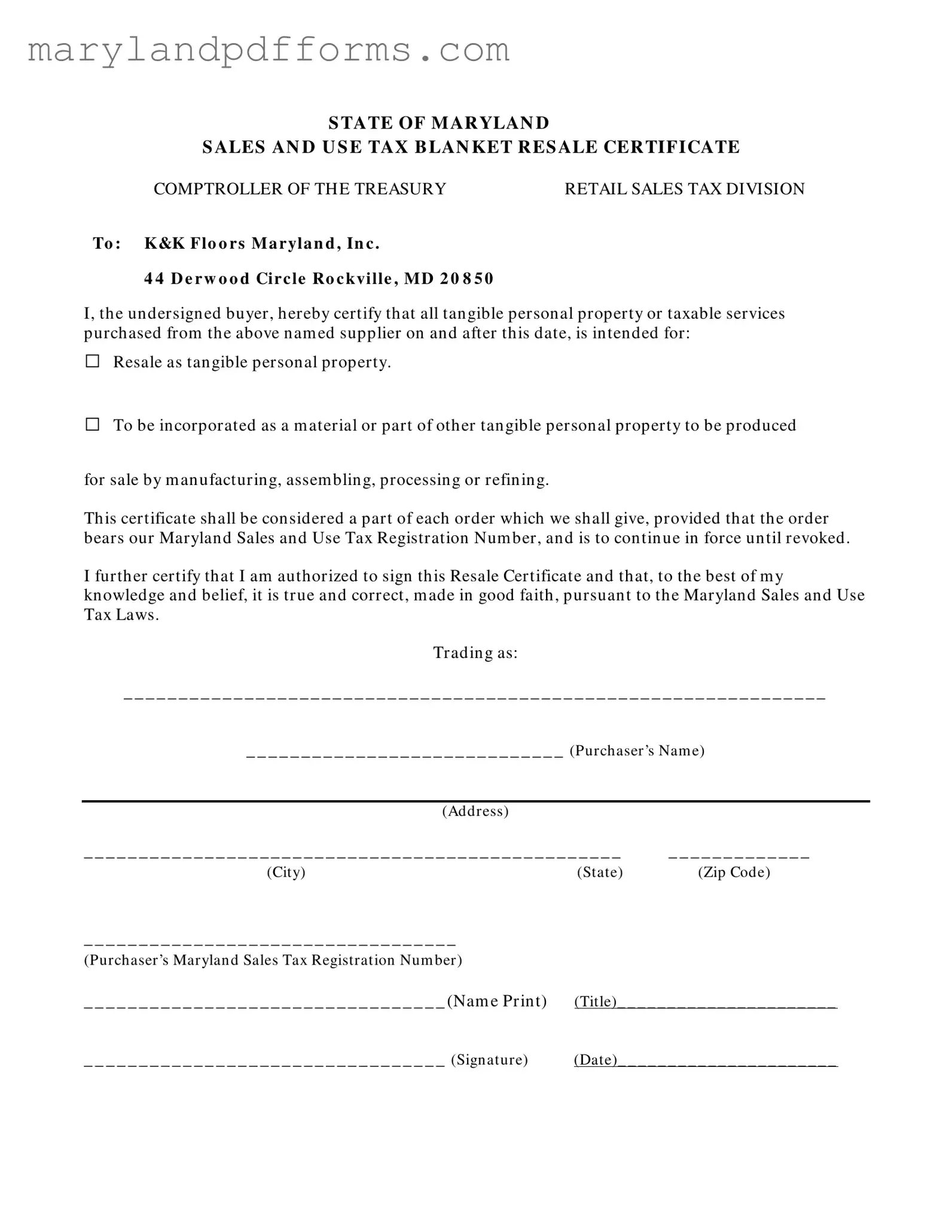 Blank Maryland Sales And Use Tax Resale Certificate Template