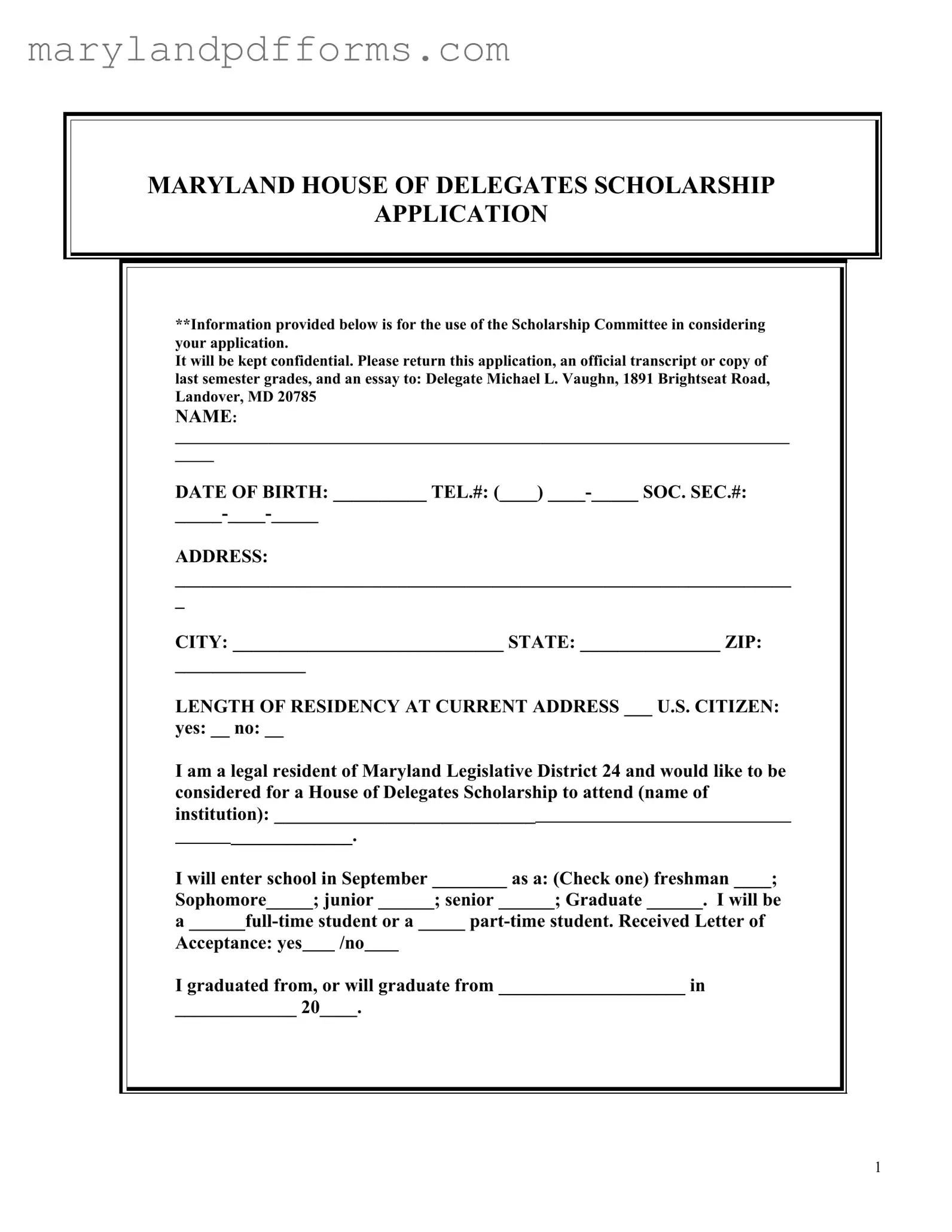 Blank Maryland Scholarship Application Template